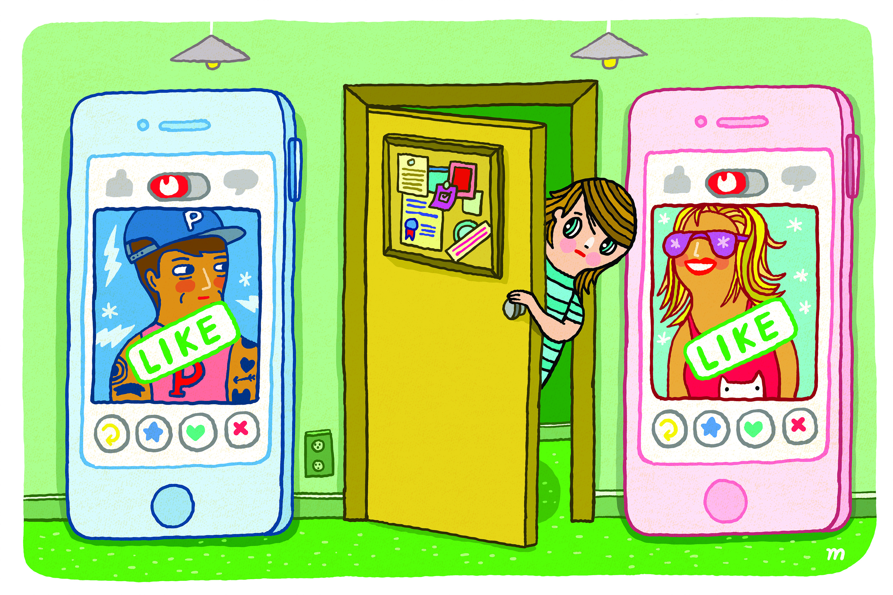 illustration of two cell phones on either side of a door with a person sticking their head out by Aaron Meshon