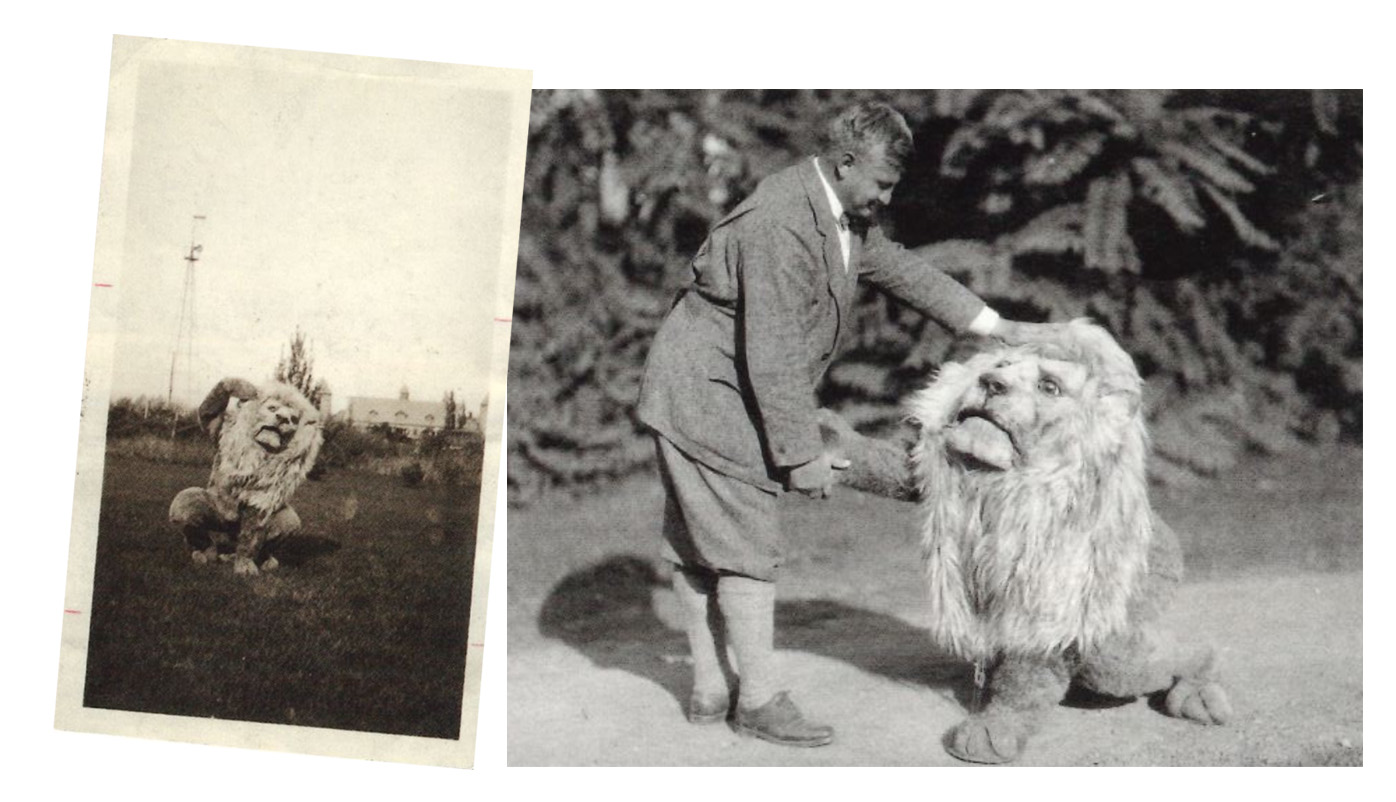two black and white photos side by side of the Nittany Lion in the 1920s