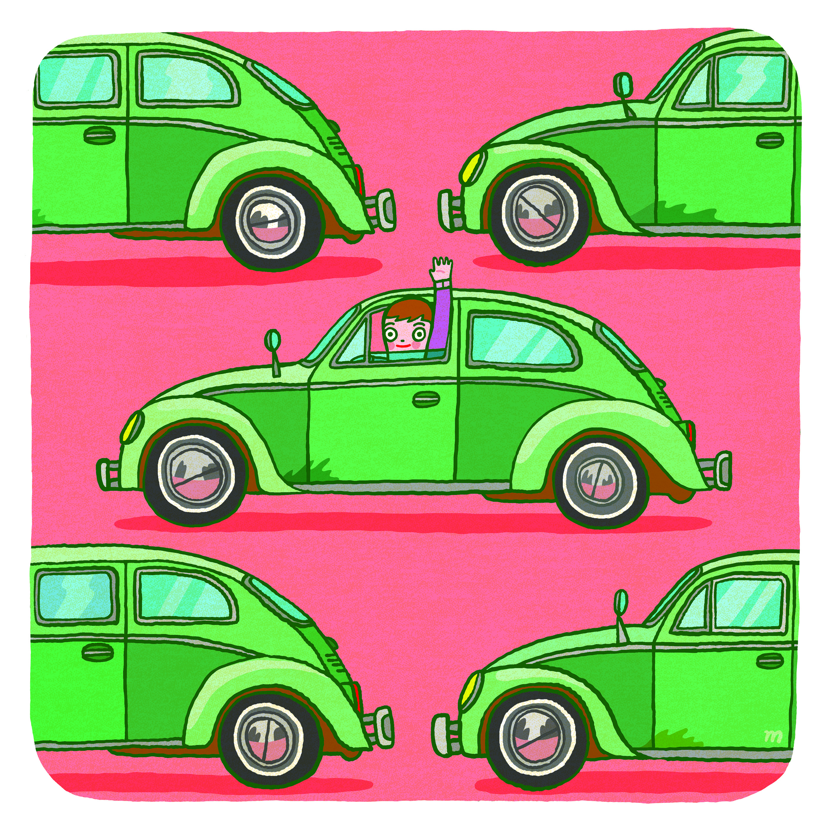 illustration of green Volkswagen beetles on pink background by Aaron Meshon