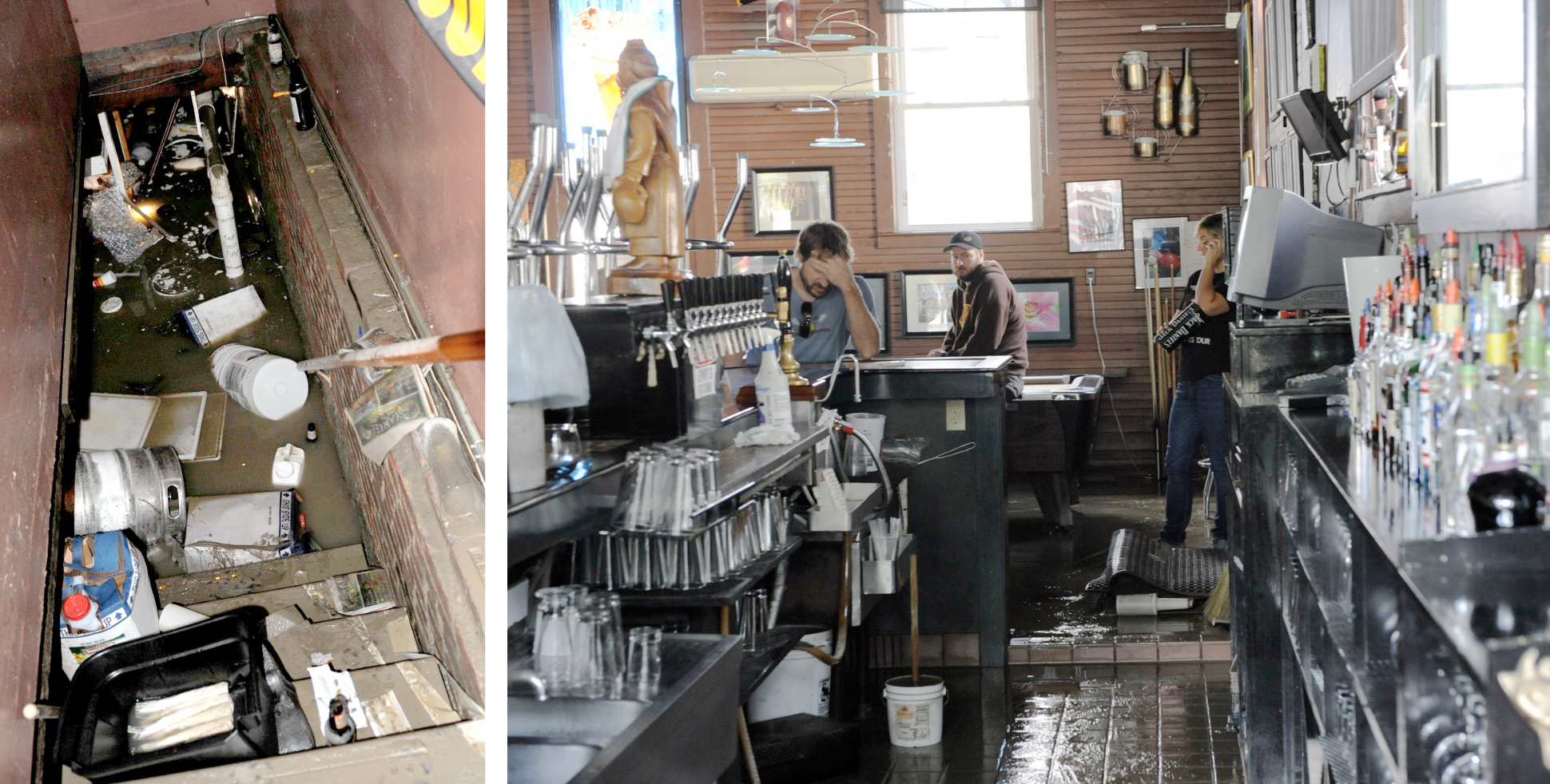 two photos side by side of flood damage that Hurricane Irene brought to the original Alchemist pub, courtesy