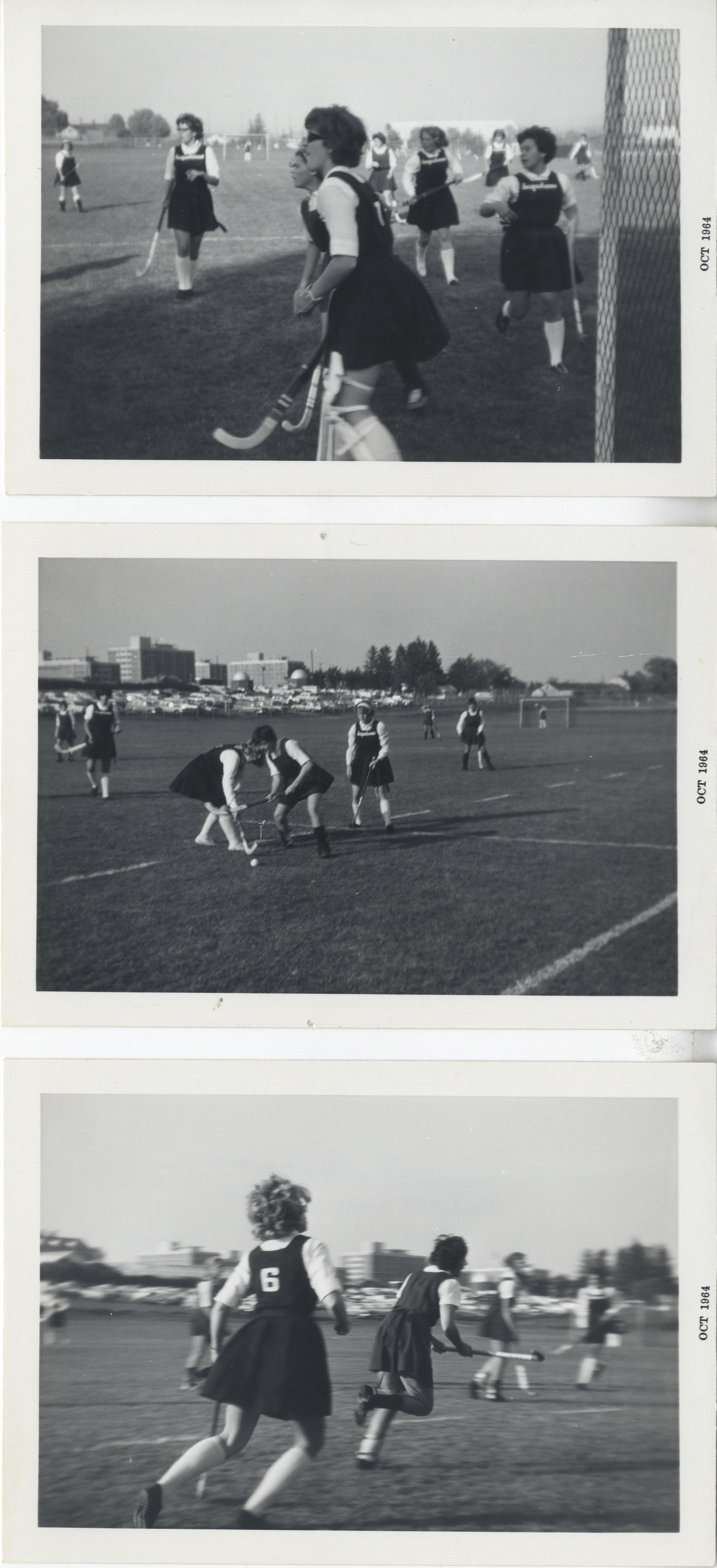Three black and white photographs of the first Penn State women's field hockey team on the field, by Penn State Archives