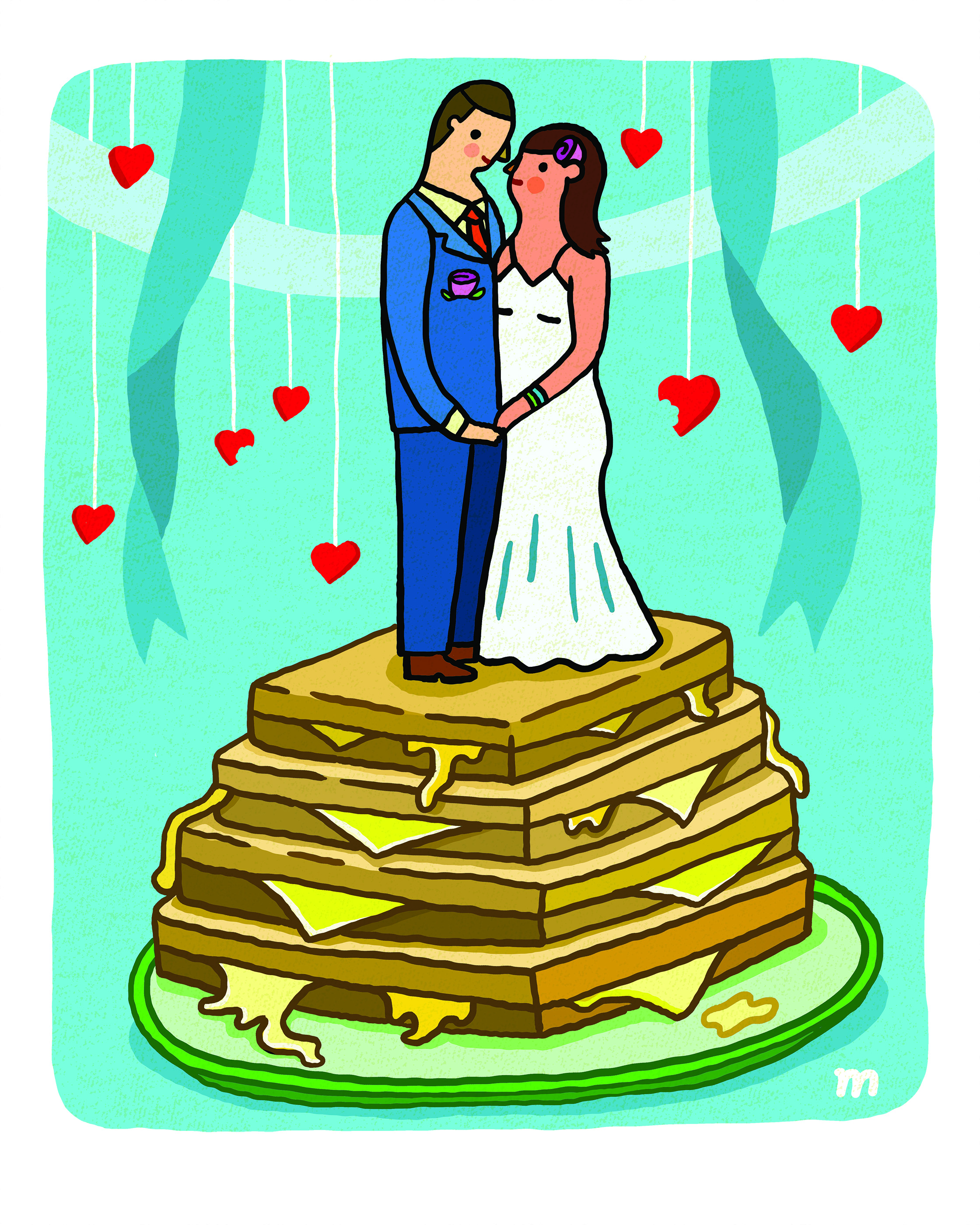 illustration of a wedding cake of grilled cheese and bride and groom topper by Aaron Meshon