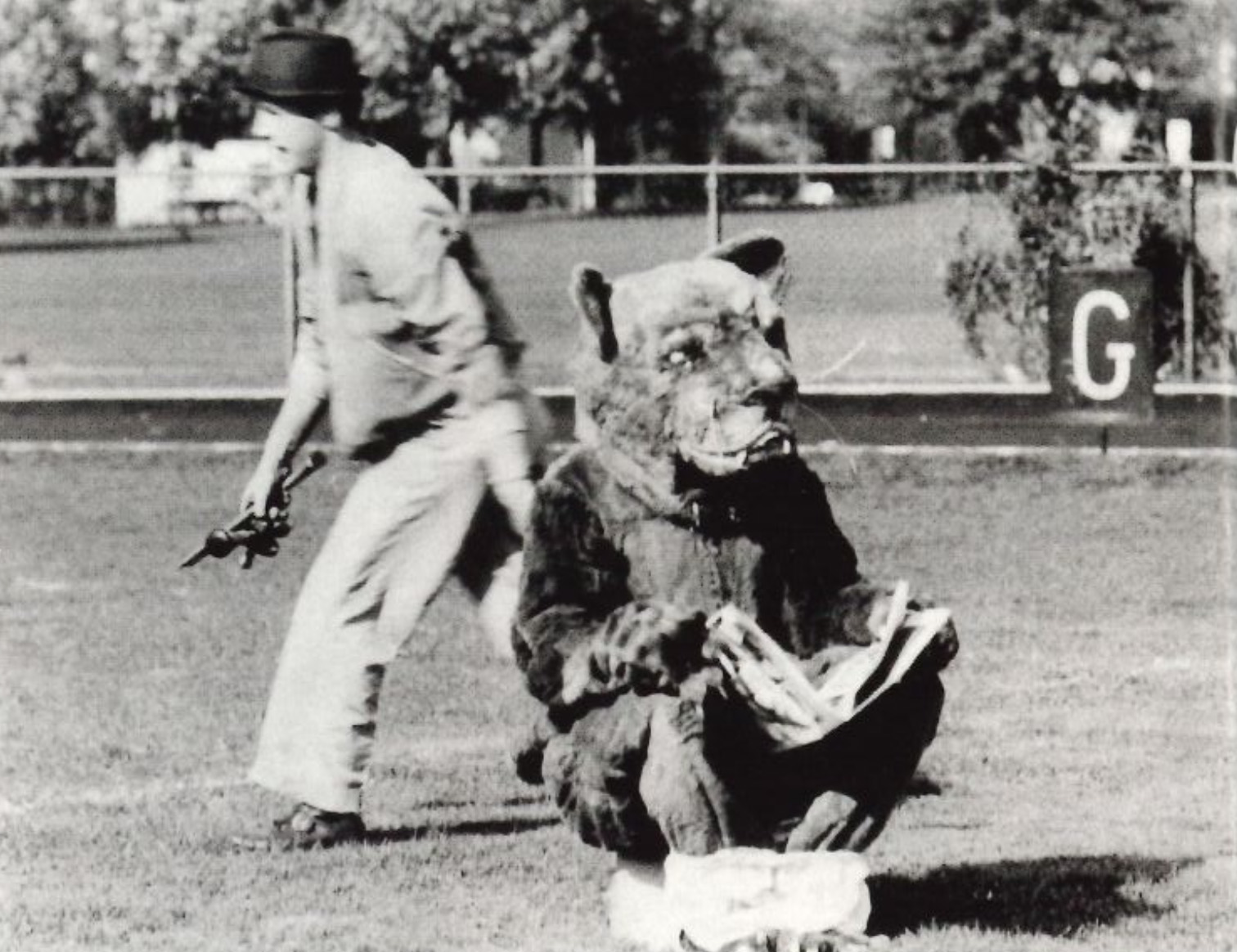 black and white photo of the Nittany Lion being pulled off the field in a stunt during the 1940s