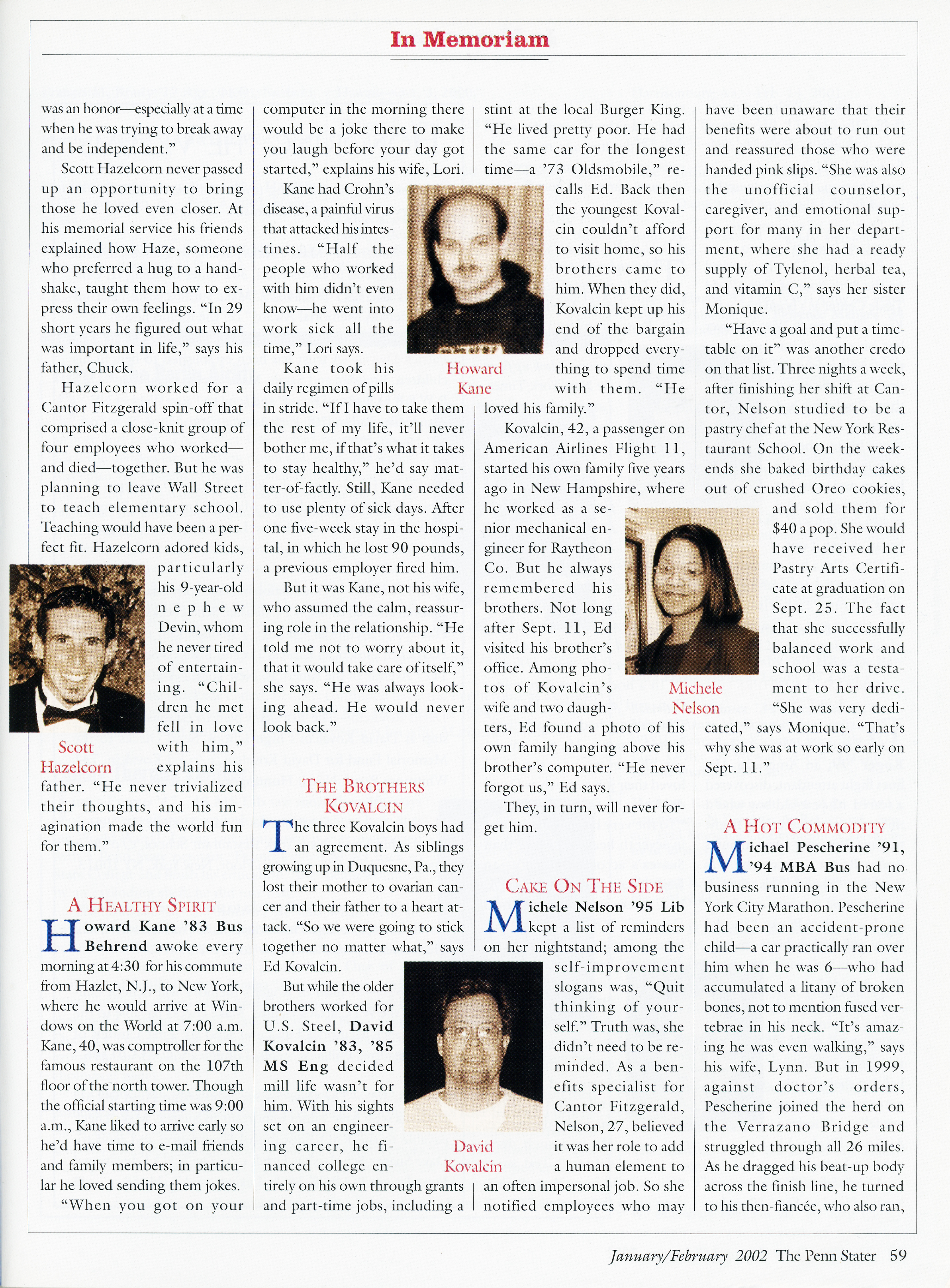Second of three pages of obituary profiles of Penn State alumni who died on Sept. 11, 2001.