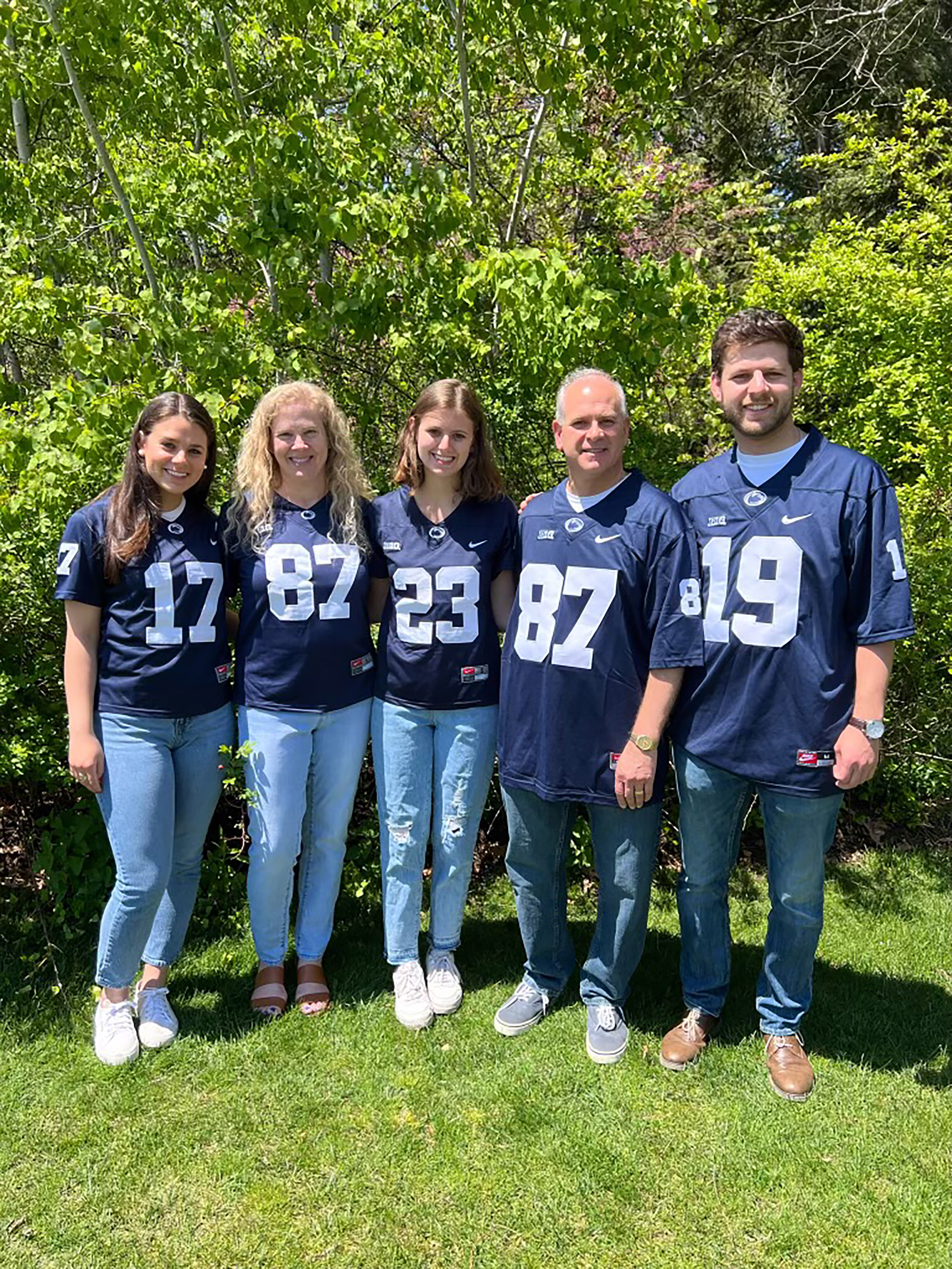 Harris family in Penn Stater jerseys with grad years on them, courtesy