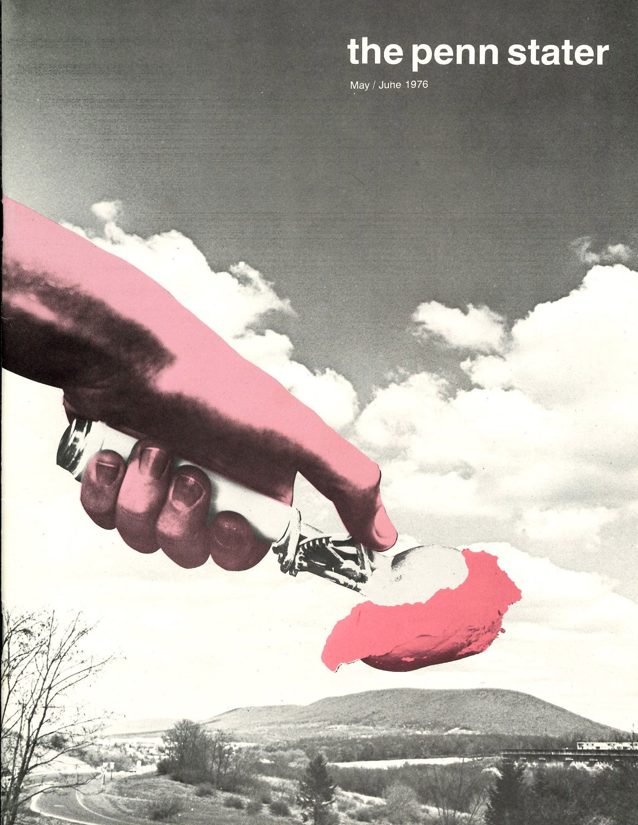 cover of May/June '76 issue featuring an illustration of a hand dropping a scoop of ice cream on Mount Nittany, by Penn State Alumni Association