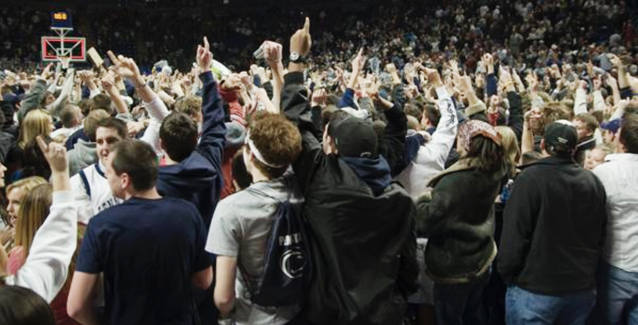 crowd shot after Penn State's 2008 upset of Michigan State basketball photo by Penn State Athletics