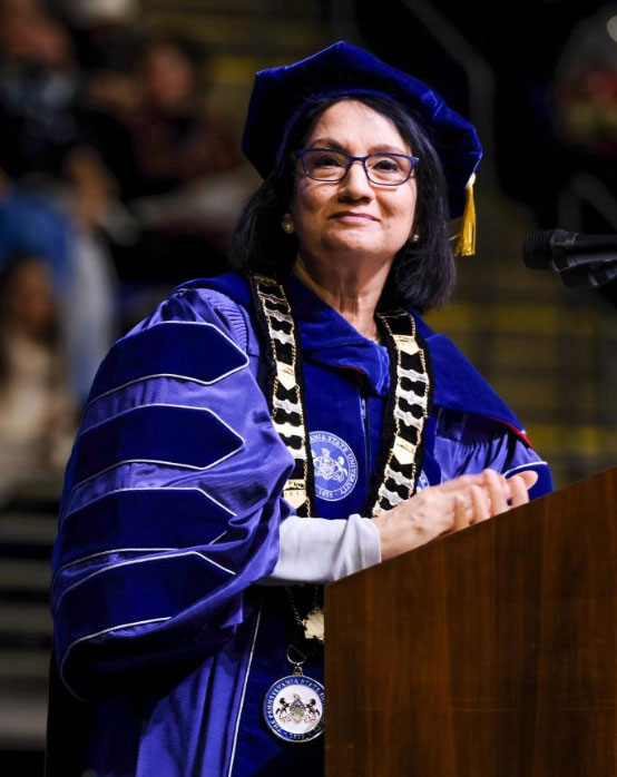 Bendapudi wearing the University Chain of Office and Medal, photo by Michael Owen/Penn State