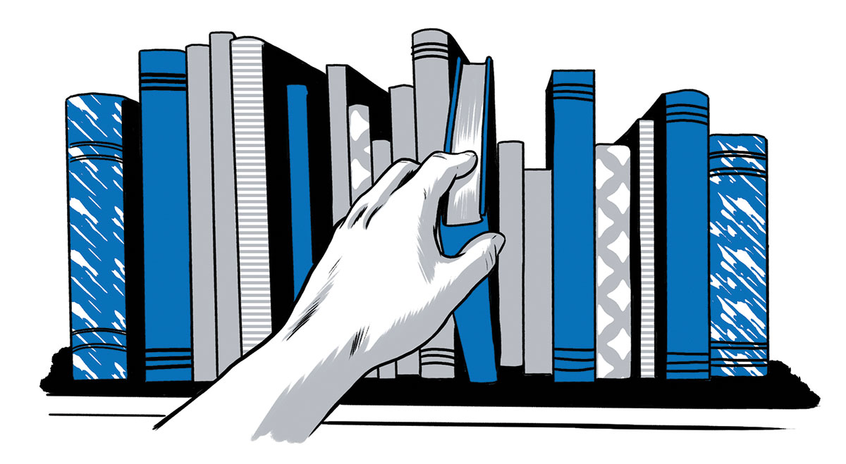 illustration of a hand reaching for a book on a shelf by Joel Kimmel