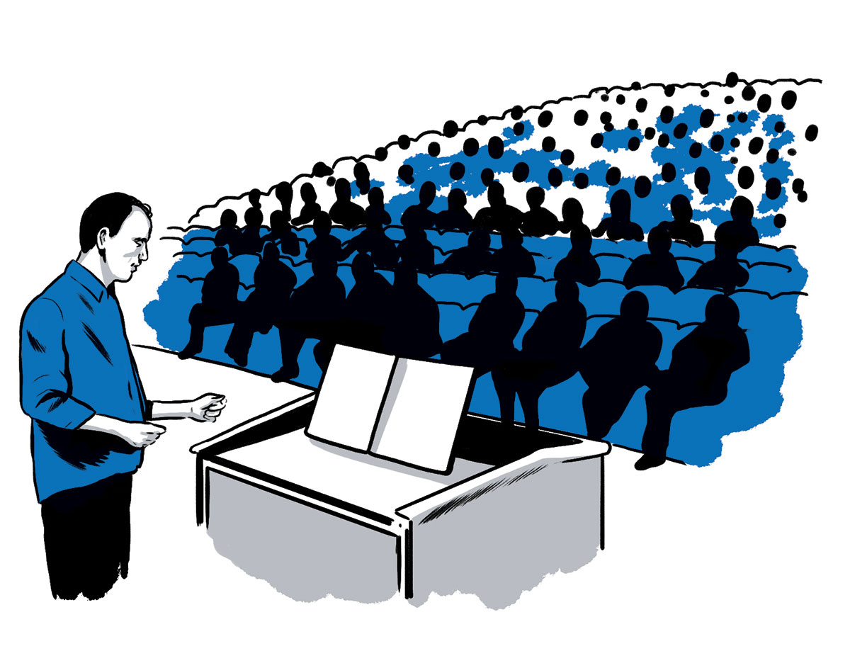 illustration of a large lecture hall full of students by Joel Kimmel