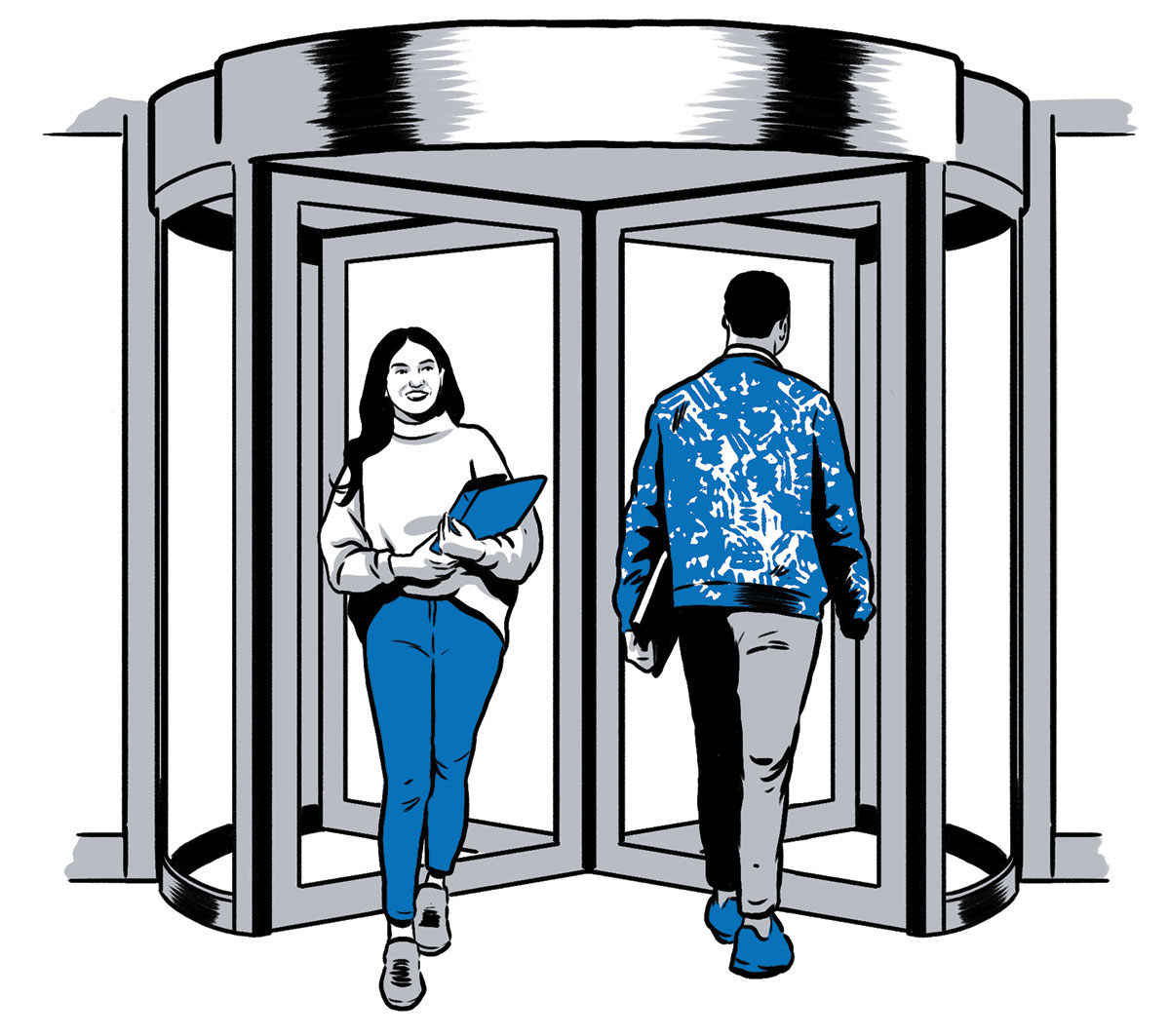 illustration of students using a revolving door by Joel Kimmel