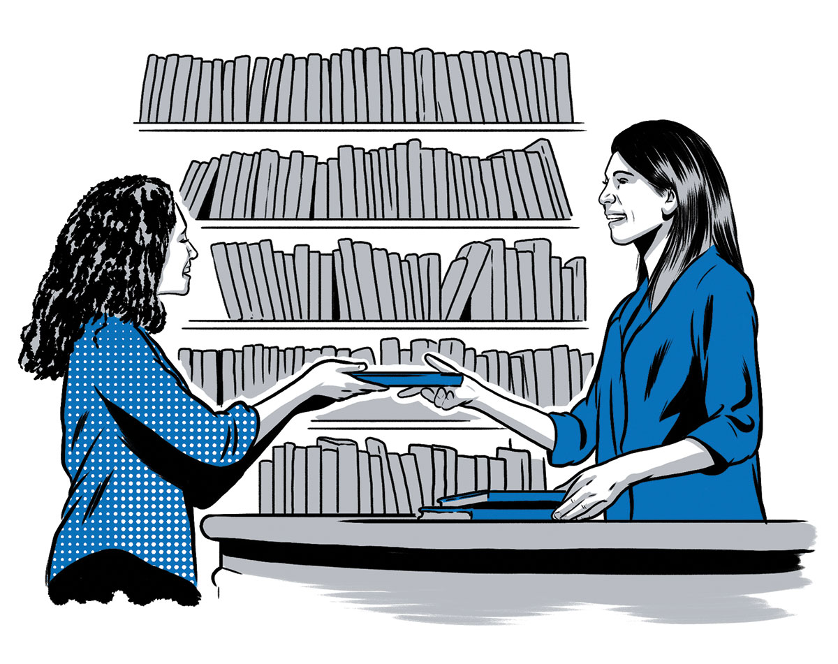 illustration of a library staffer helping a patron by Joel Kimmel