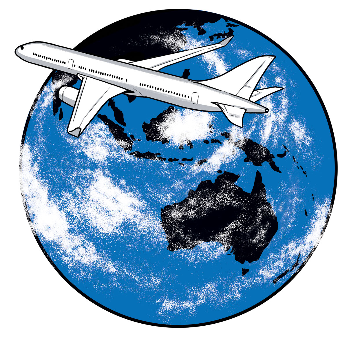 illustration of a globe with a plane flying over Australia by Joel Kimmel