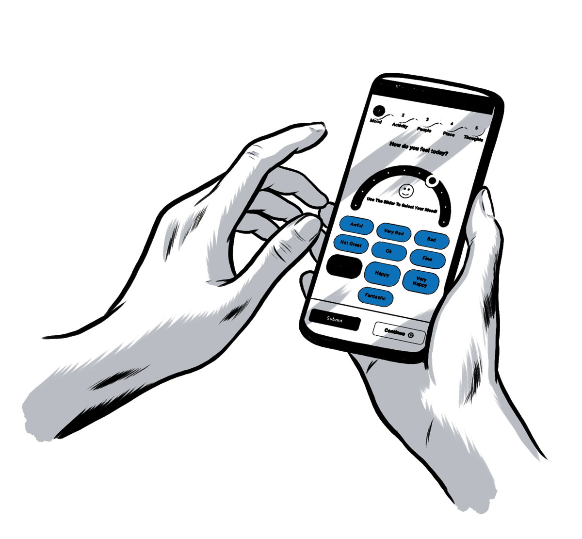 illustration of a hand holding a smart phone by Joel Kimmel