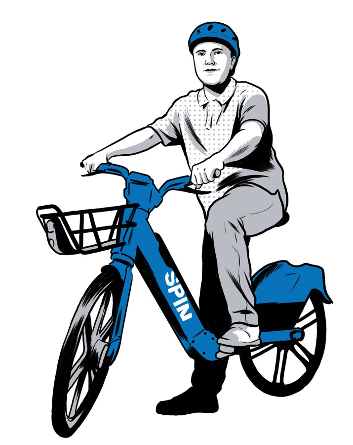 illustration of a person riding an e-bike by Joel Kimmel