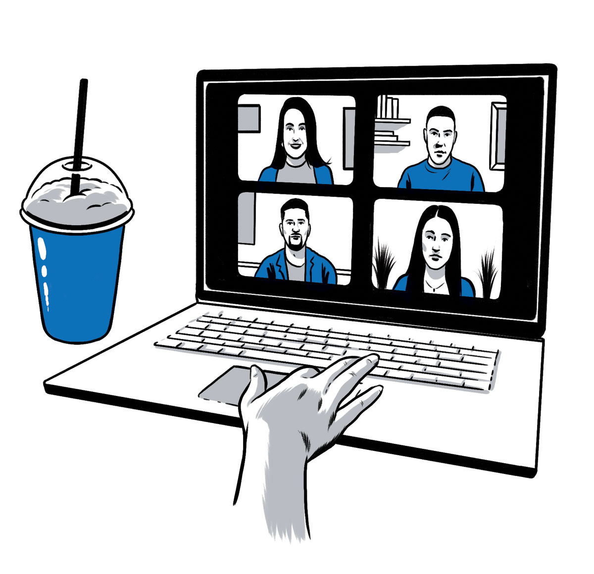 illustration of a hand on a laptop keypad with Zoom meeting on screen by Joel Kimmel