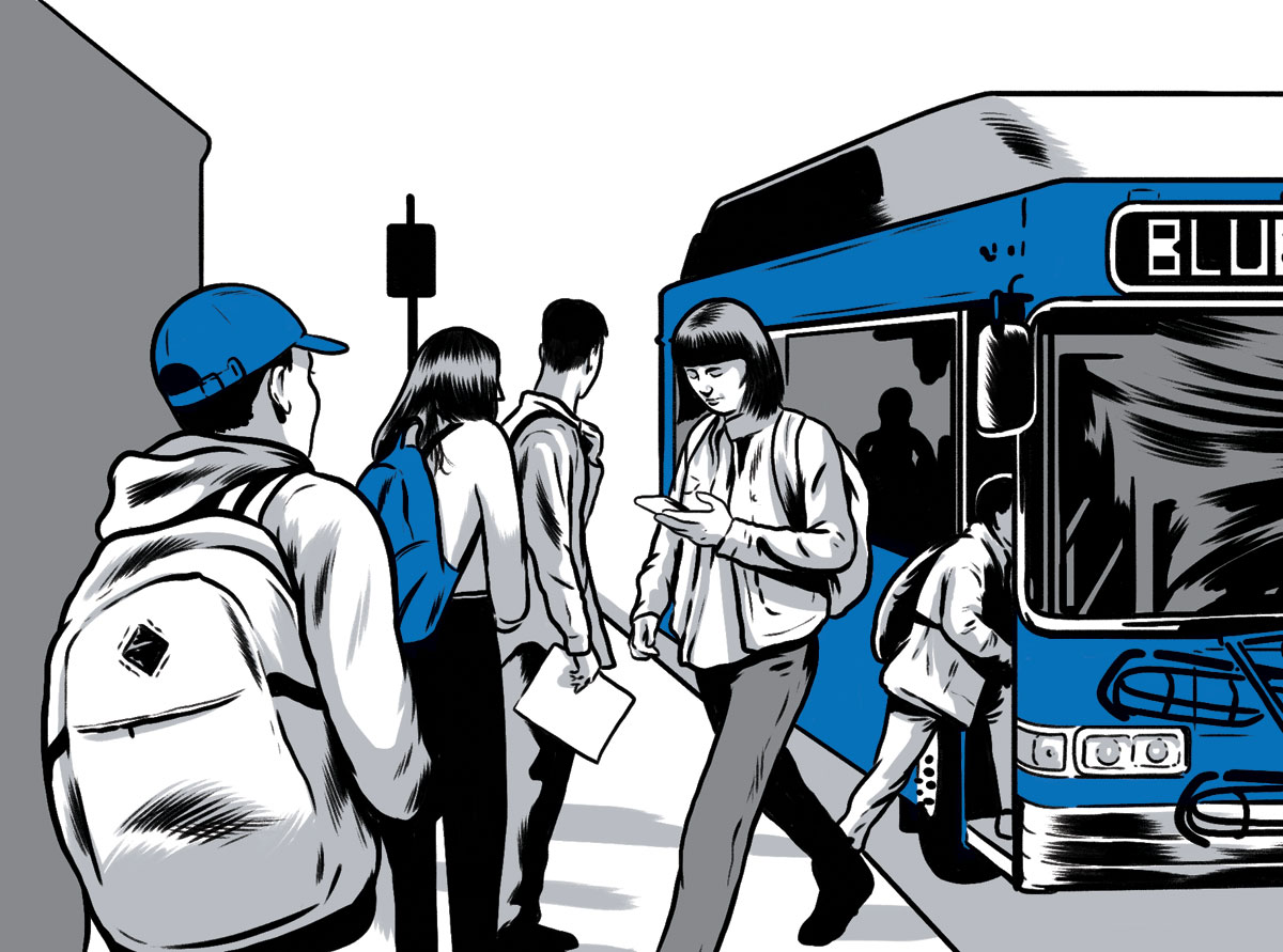 illustration of riders getting on and off a bus by Joel Kimmel