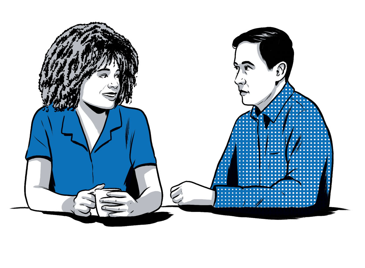 illustration of two people seated and conversing by Joel Kimmel