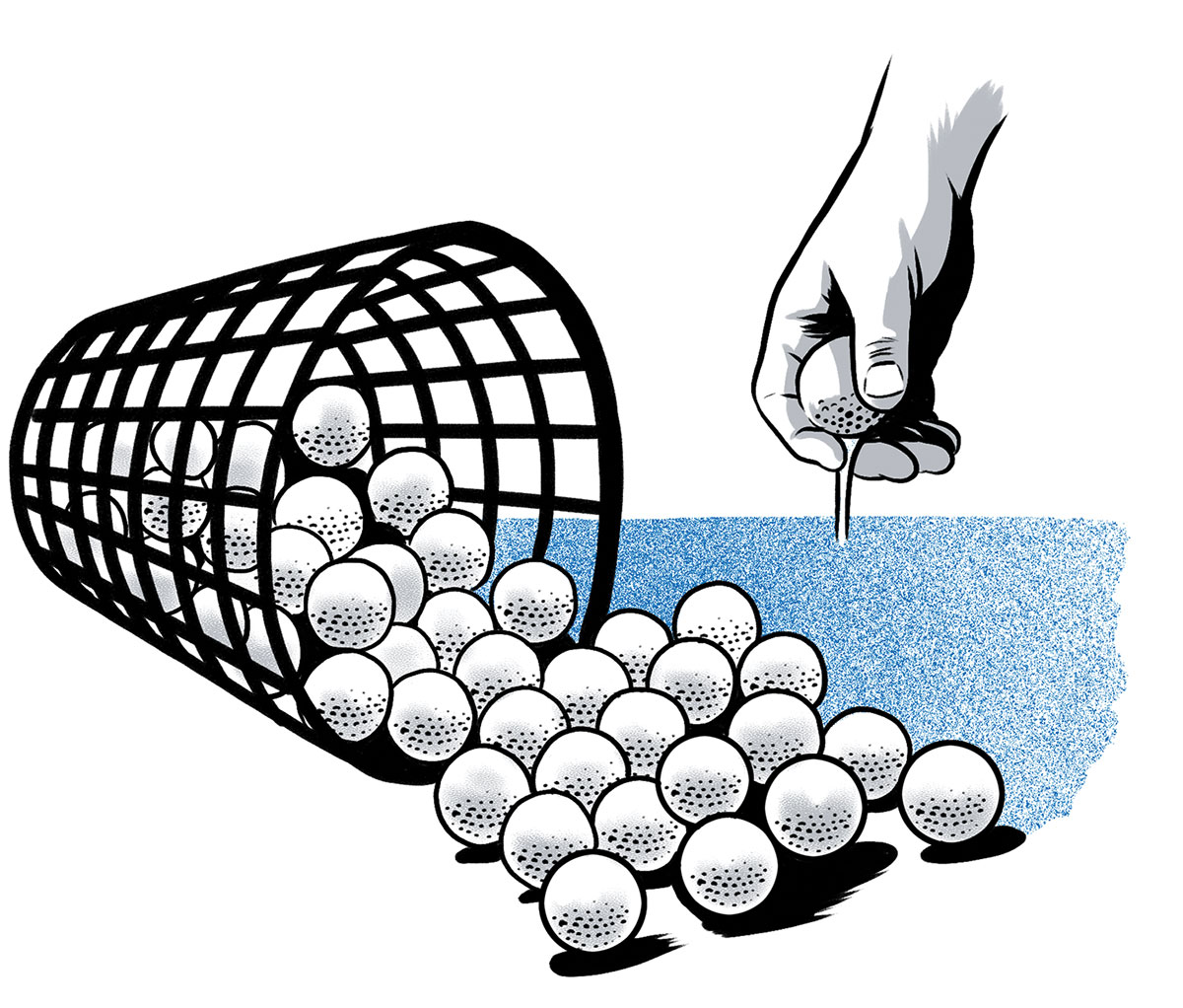 illustration of a bucket of golf balls turned on its side and a hand picking one up by Joel Kimmel