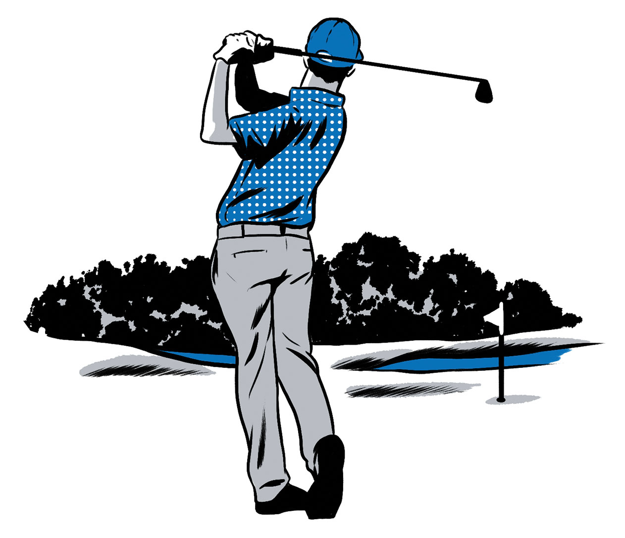 illustration of a golfer right after a swing by Joel Kimmel