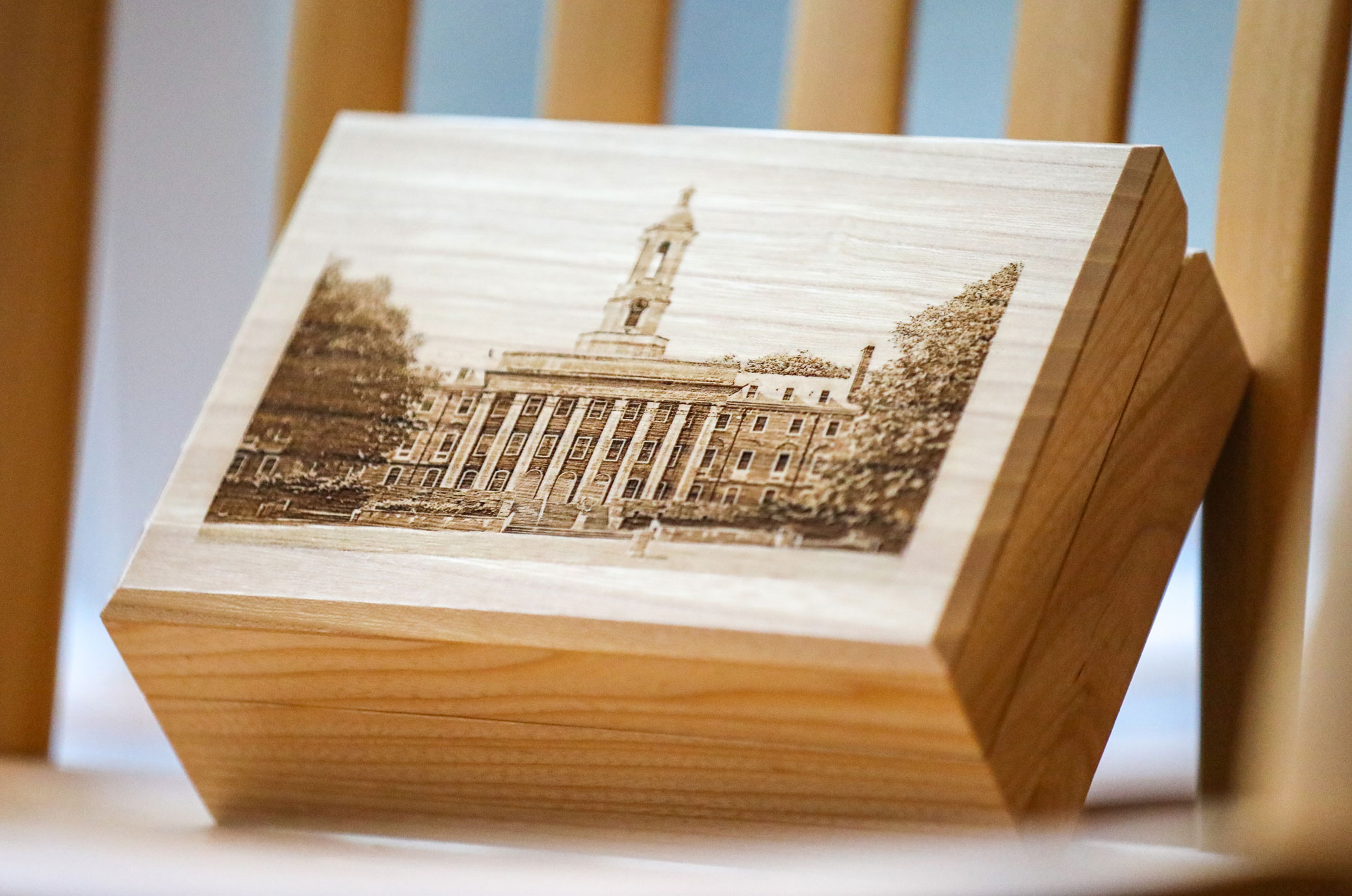 photo of a keepsake box made of Penn State elms, Penn State Alumni Association