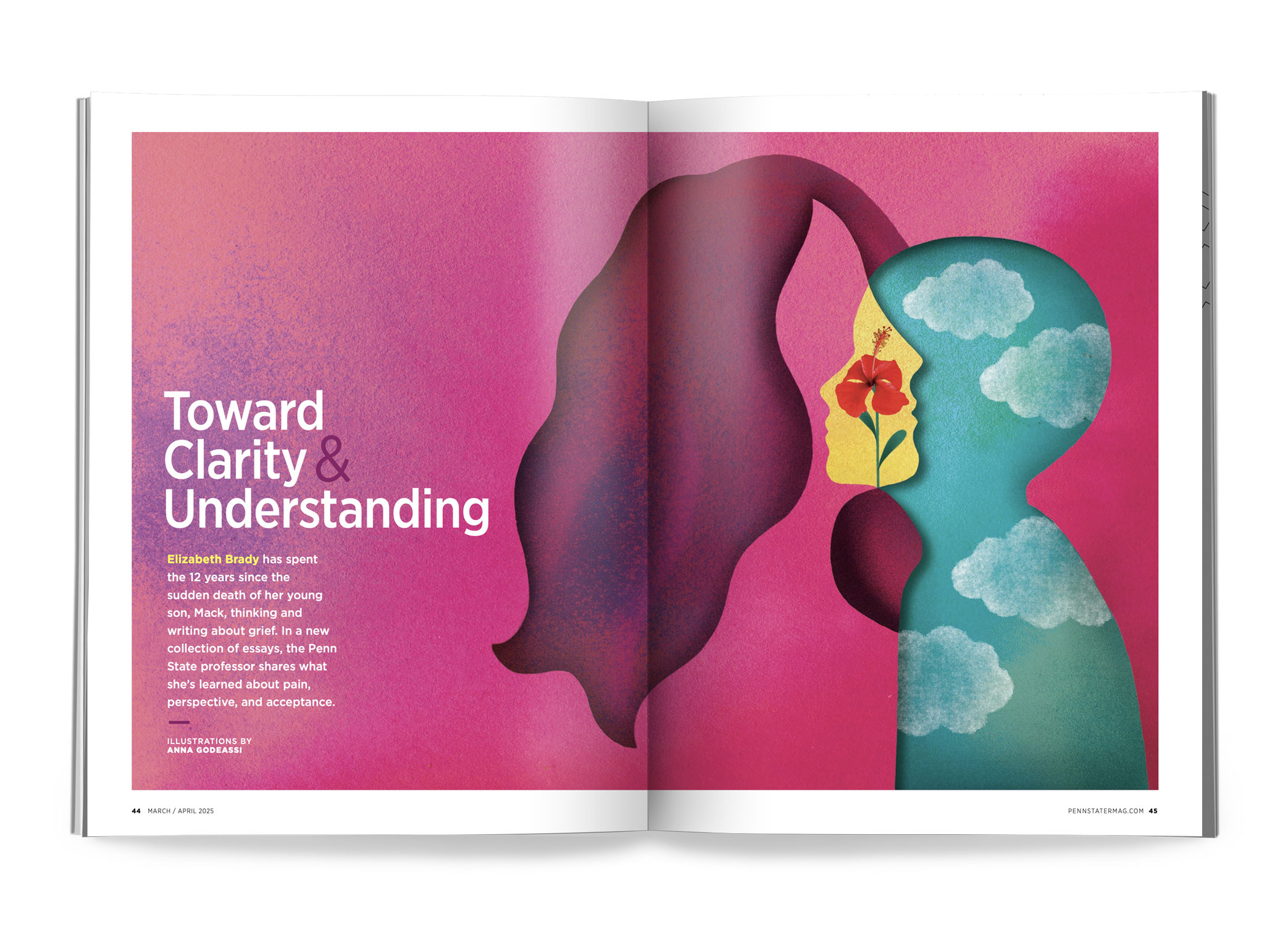 opening spread of Toward Clarity and Understanding from our May/June 2025 issue featuring illustration by Anna Godeassi