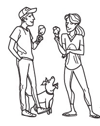 illustration of two adults eating ice cream cones with a dog by Charles Layton