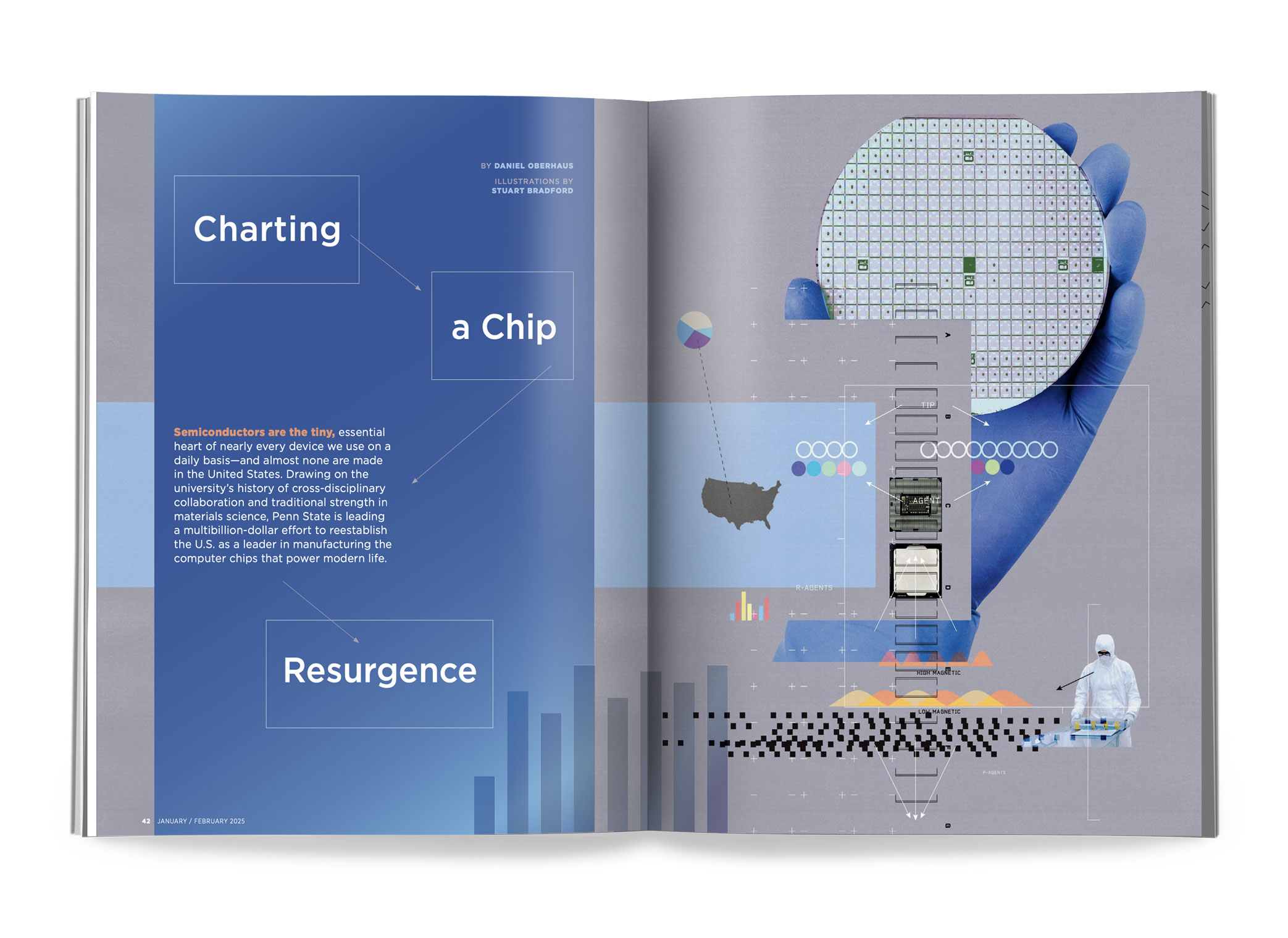 two-page spread of charting a chip resurgence from march/april 2025 issue featuring illustration by stuart bradford