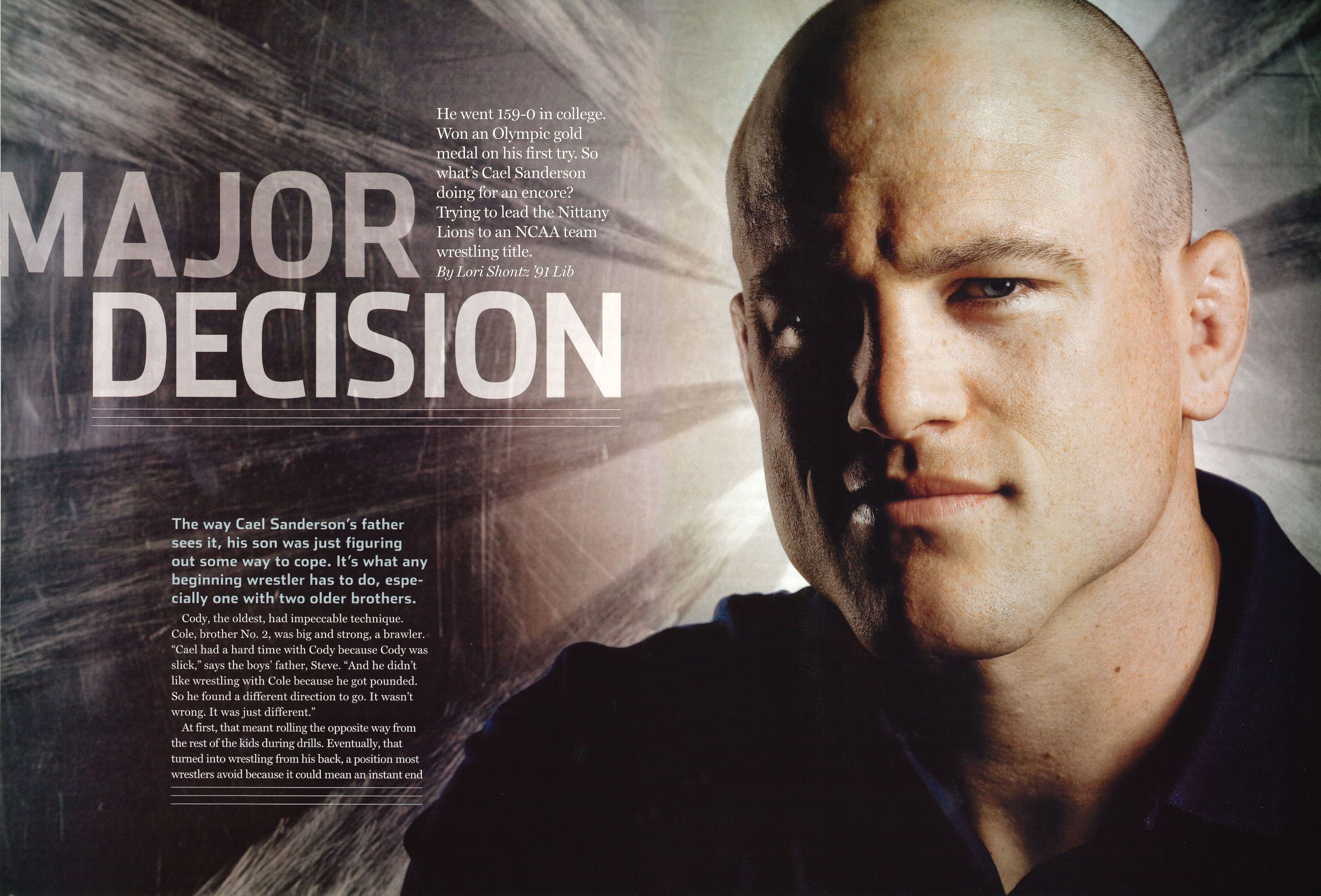 opening spread of Major Decision featuring photo of Cael Sanderson by Cardoni