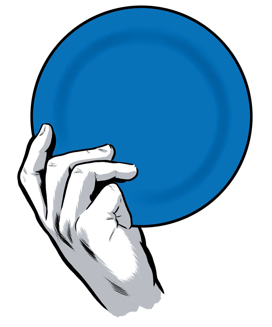 illustration of a hand gripping a blue disc by Joel Kimmel