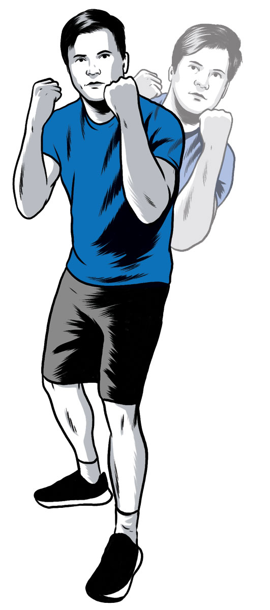 illustration of a boxer with both fists up leaning one way, with reflection of himself leaning the other way, by Joel Kimmel