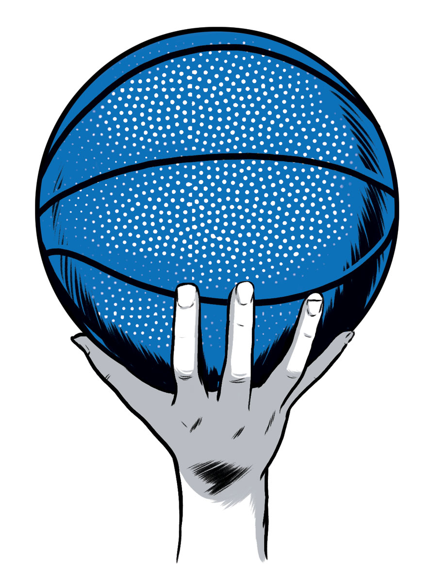 illustration of a hand holding up a basketball by Joel Kimmel