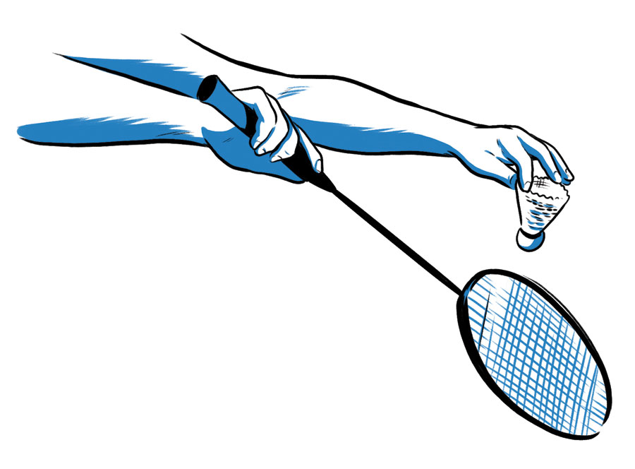 closeup of a hand dropping a birdie onto a badminton racket, illustration by Joel Kimmel