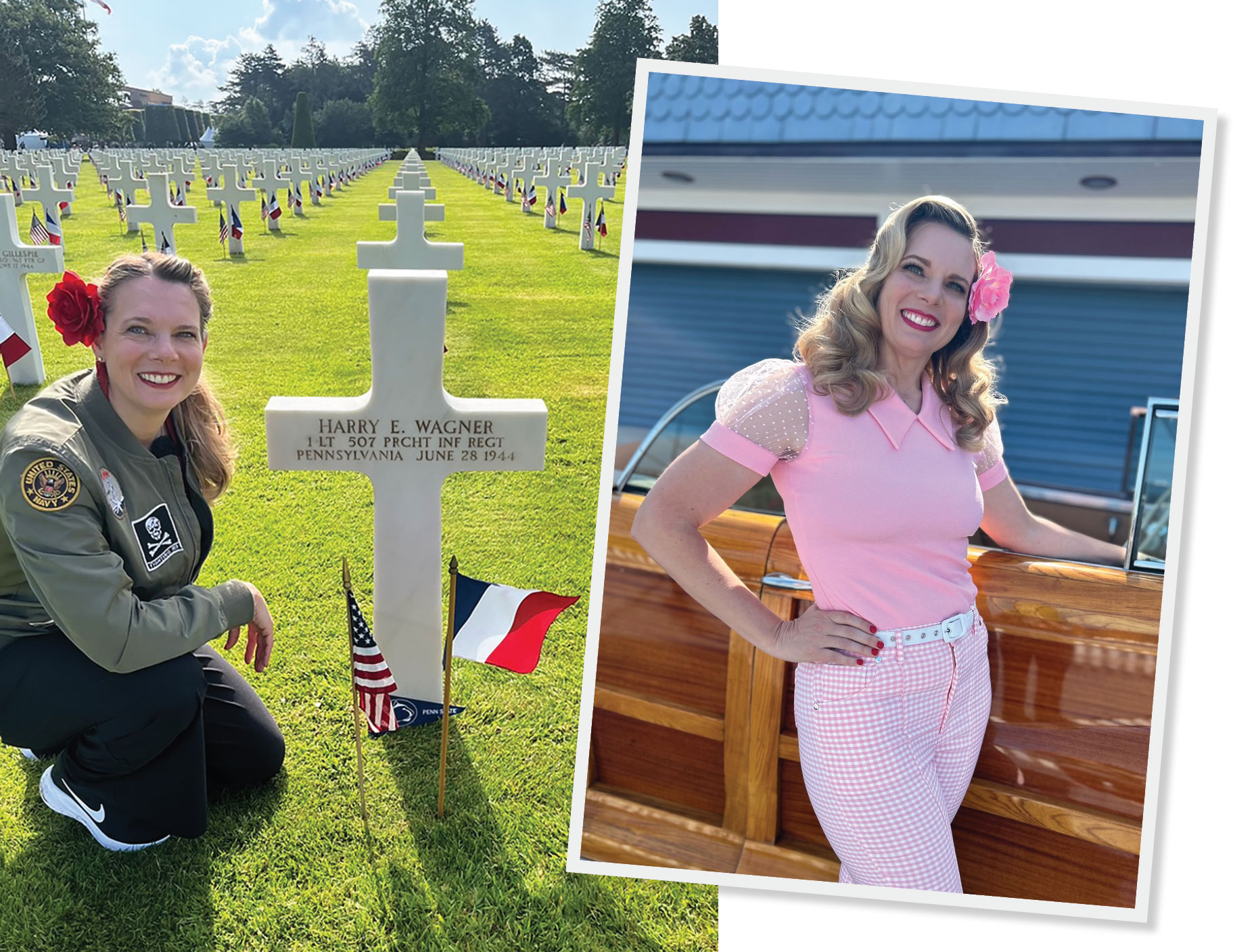 two photos of Jennifer Bennie, one at her veteran dad's gravesite and one posing for a calendar benefitting vets, courtesy