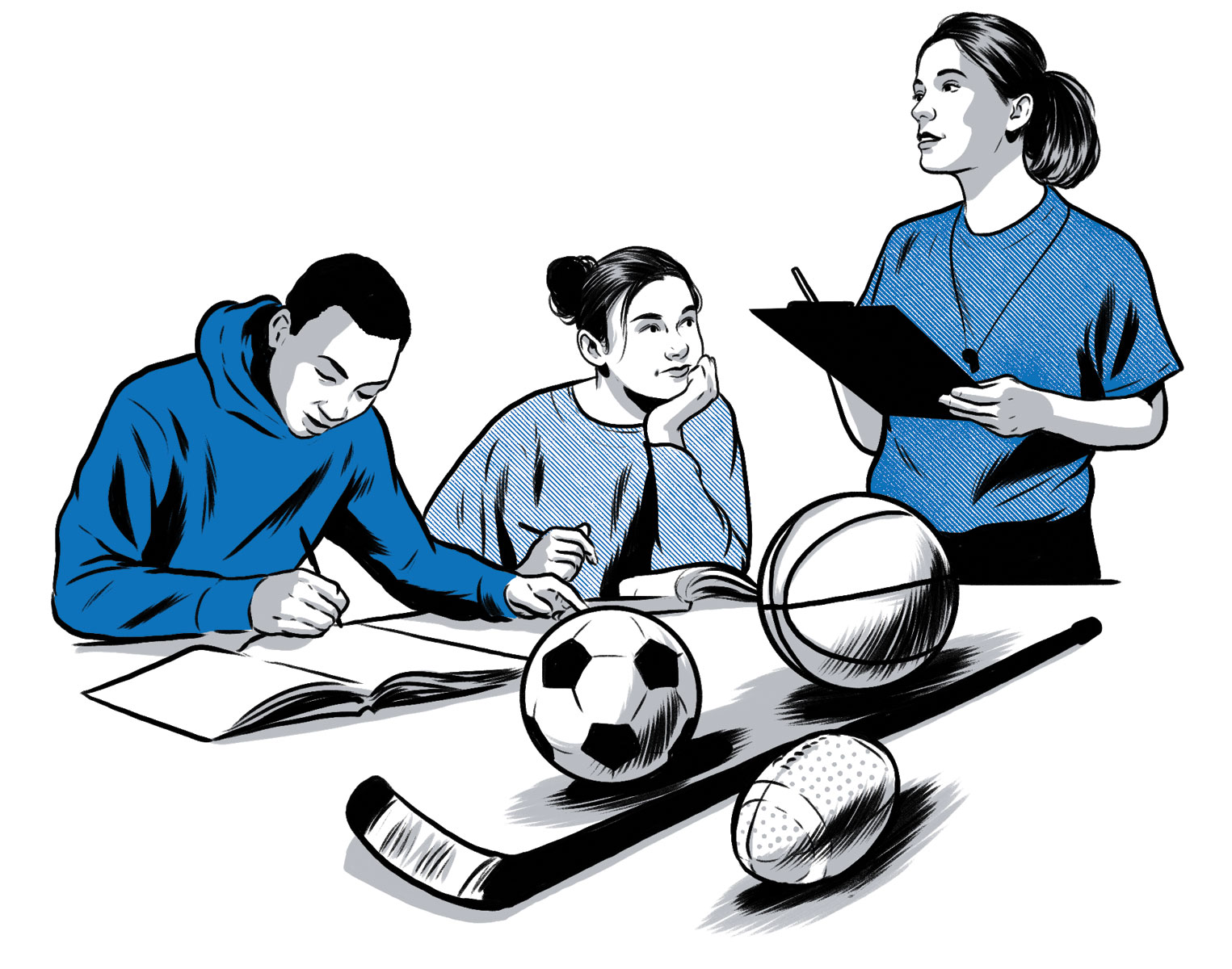 illustration of students with various sports equipment by Joel Kimmel