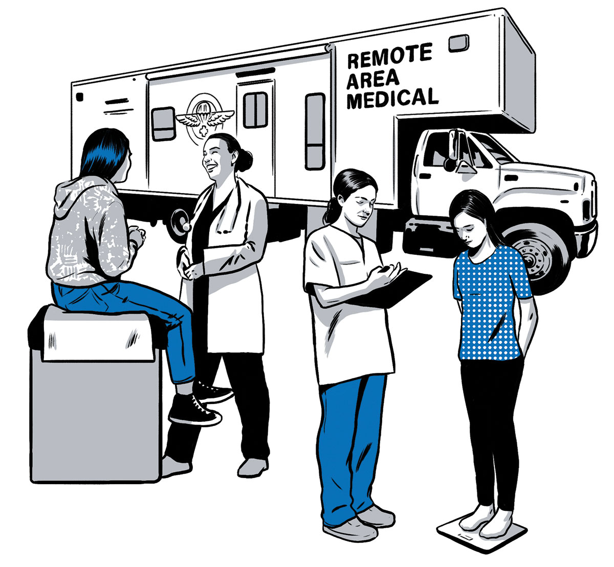 illustration of students gathered beside Remote Area medical vehicle by Joel Kimmel