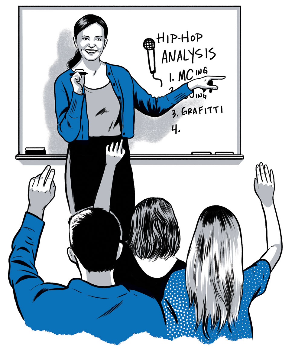 illustration of a student pointing to a whiteboard while other students watch, by Joel Kimmel
