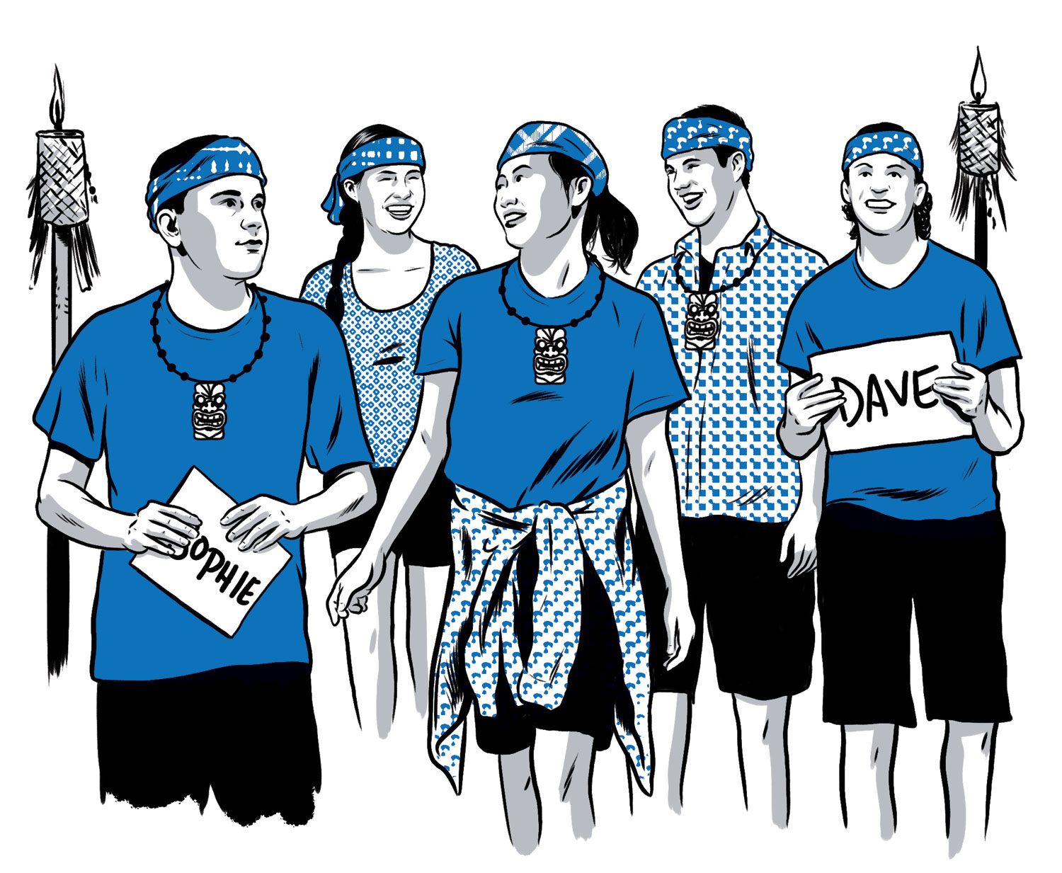 illustration of students dressed in Survivor-type attire standing next to tiki torches by Joel Kimmel