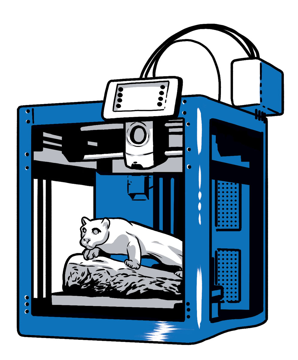 illustration of a 3D printer producing a replica of the Nittany Lion statue by Joel Kimmel
