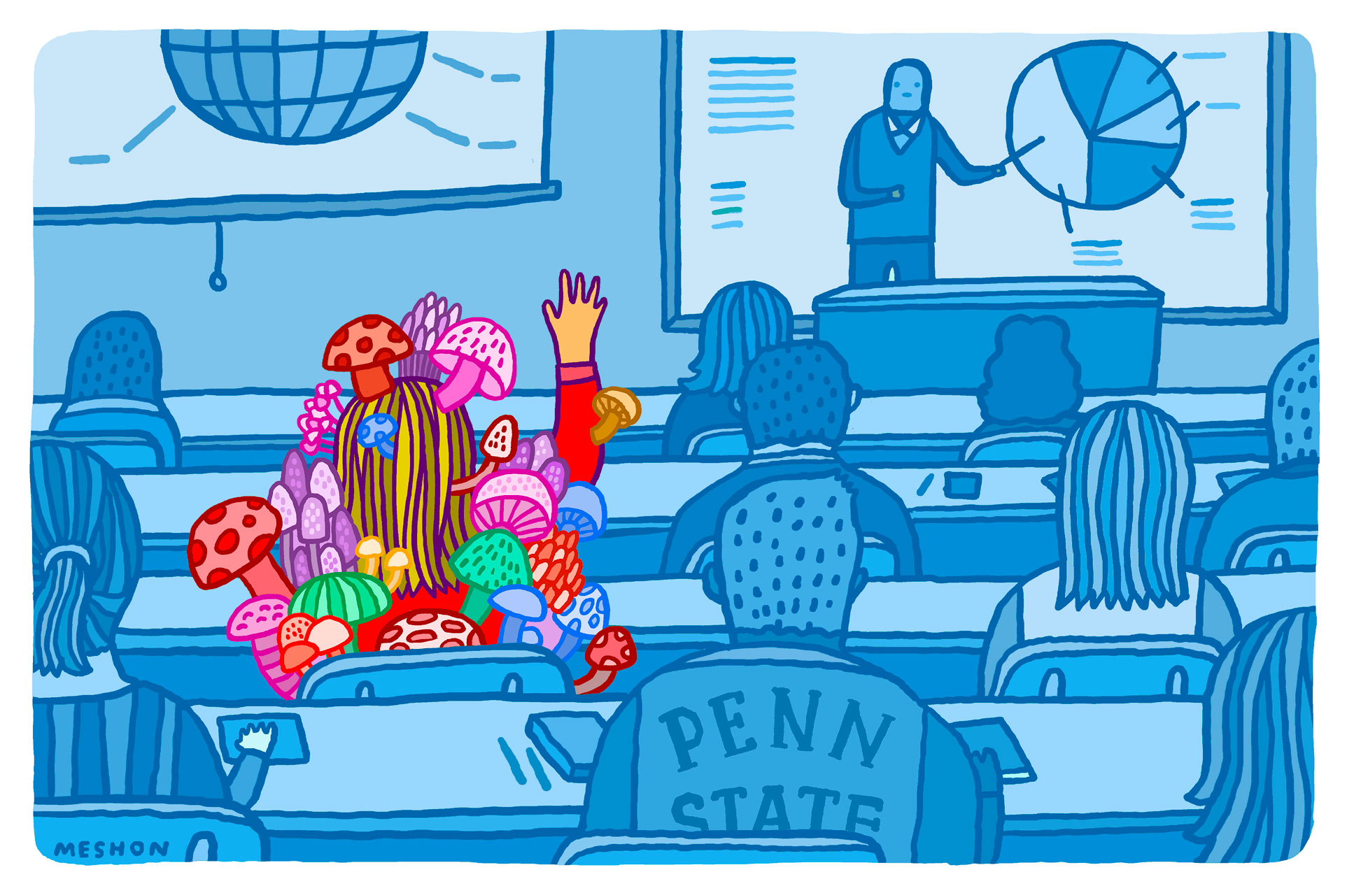 illustration of a classroom where a young woman covered in colorful mushrooms is raising her hand, by Aaron Meshon