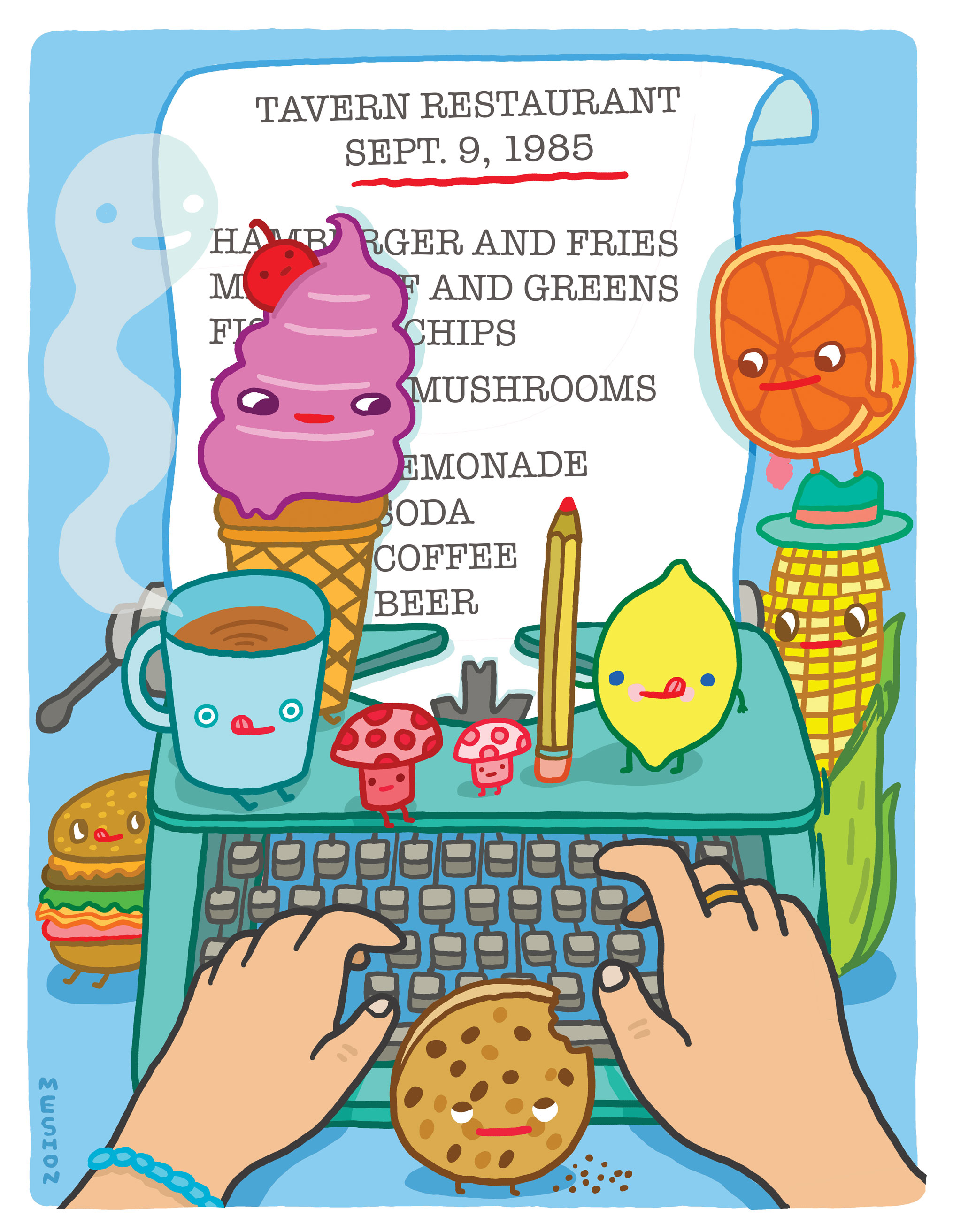 illustration of a person's hands on a typewriter keyboard with animated food and beverage items looking on, by Aaron Meshon