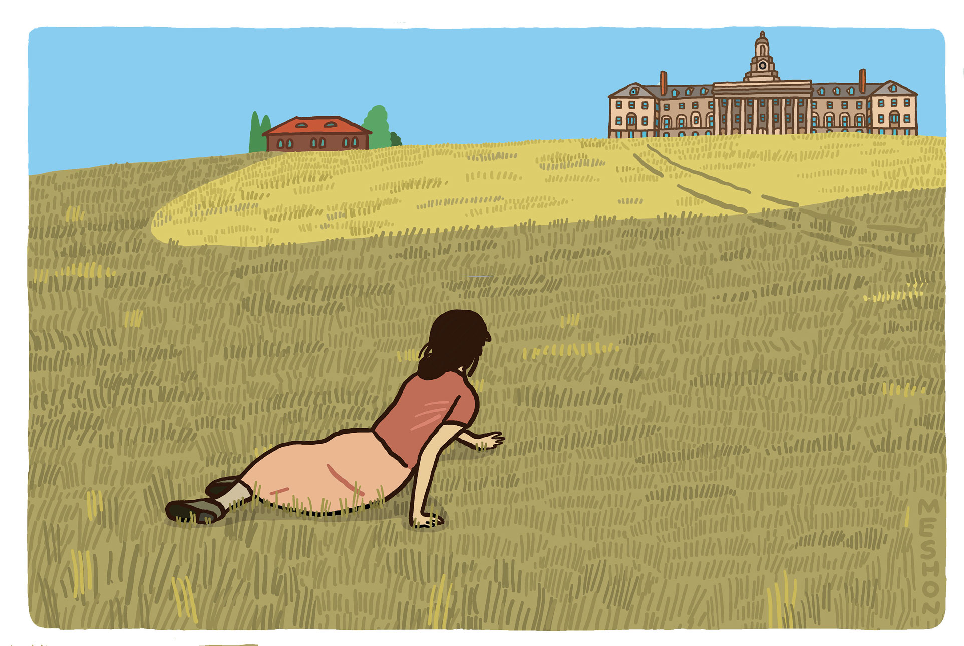 illustration of a person lying in a field below Old Main, by Aaron Meshon