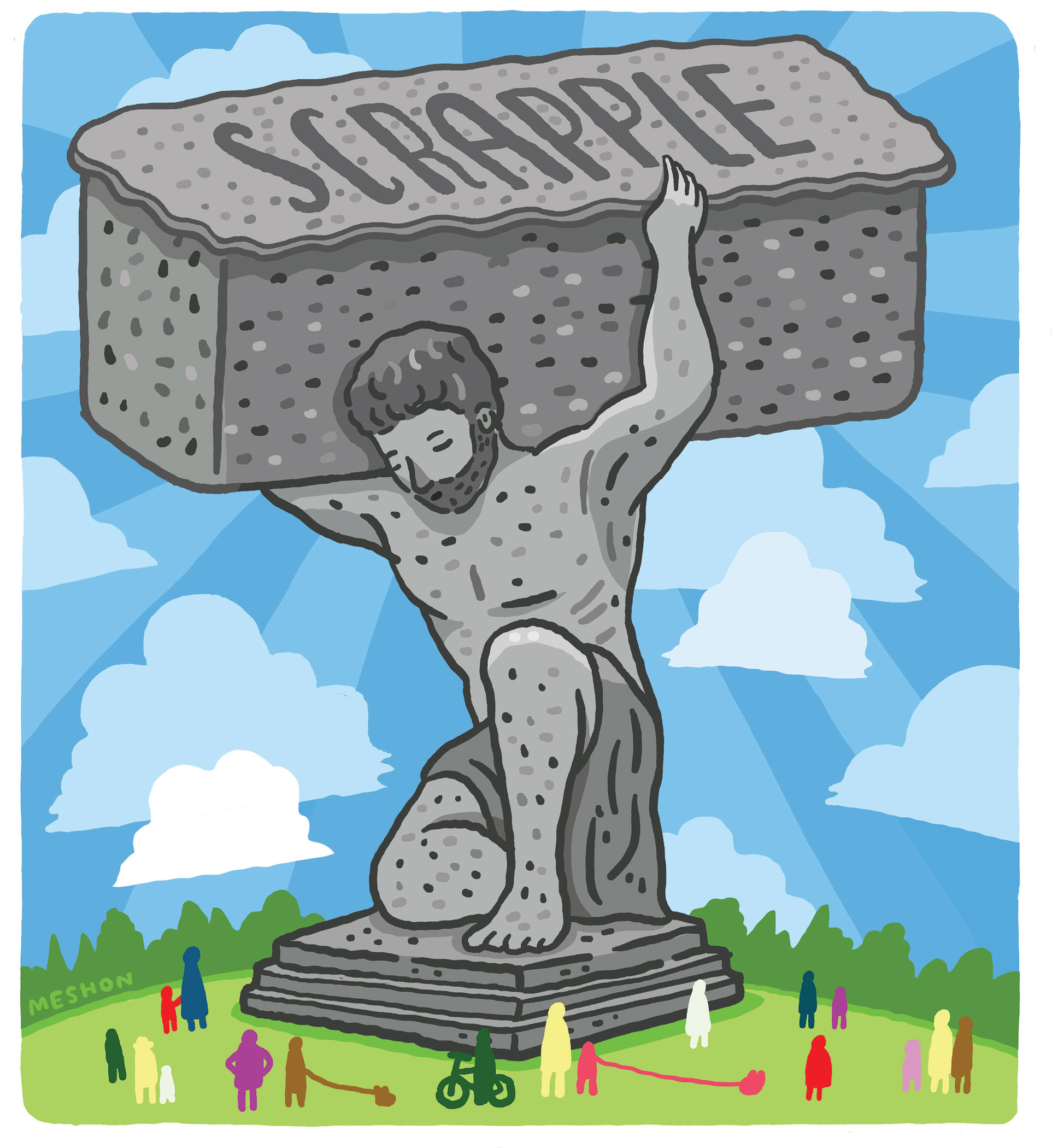 illustration of a stone statue of a kneeling person holding up a loaf of scrapple, by Aaron Meshon