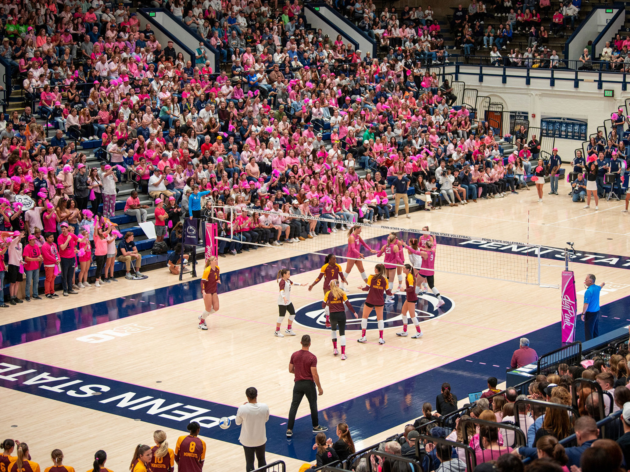 wide shot of home court during the pink match against Minnesota, photo by Penn State Athletics