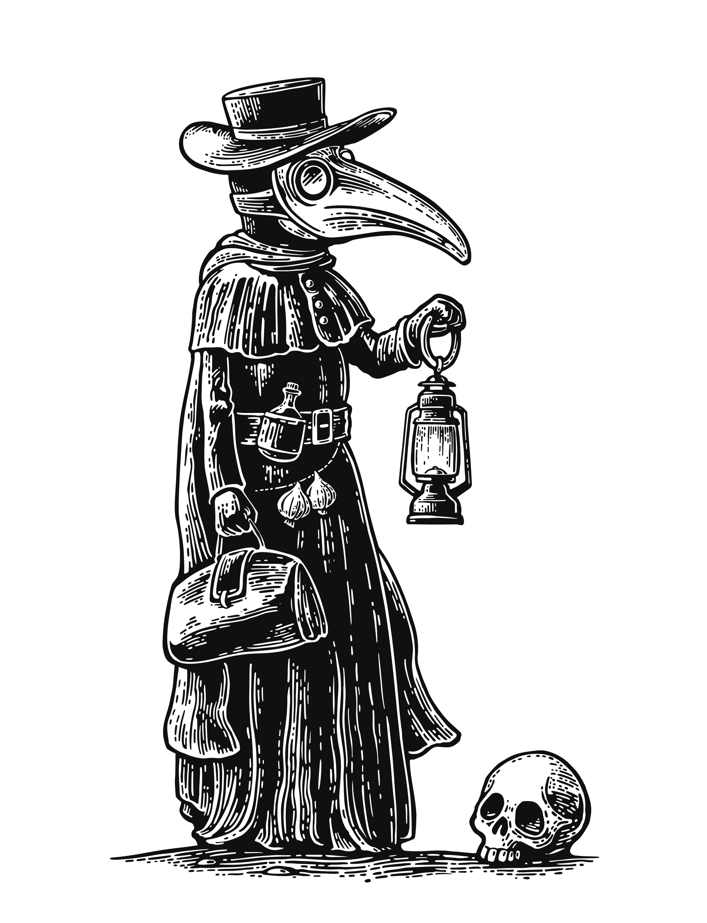 stock art graphic of a masked figure with doctor bag