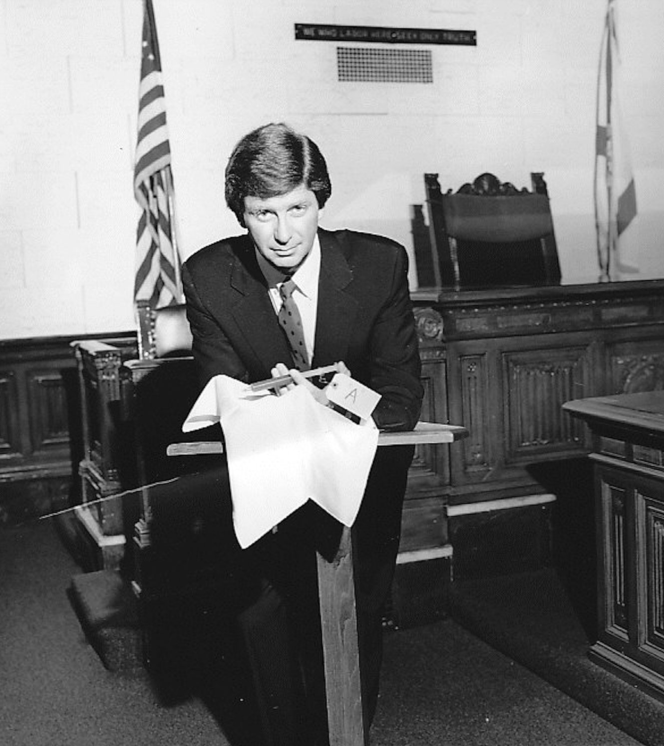 black and white photo of Levine in courtroom, courtesy