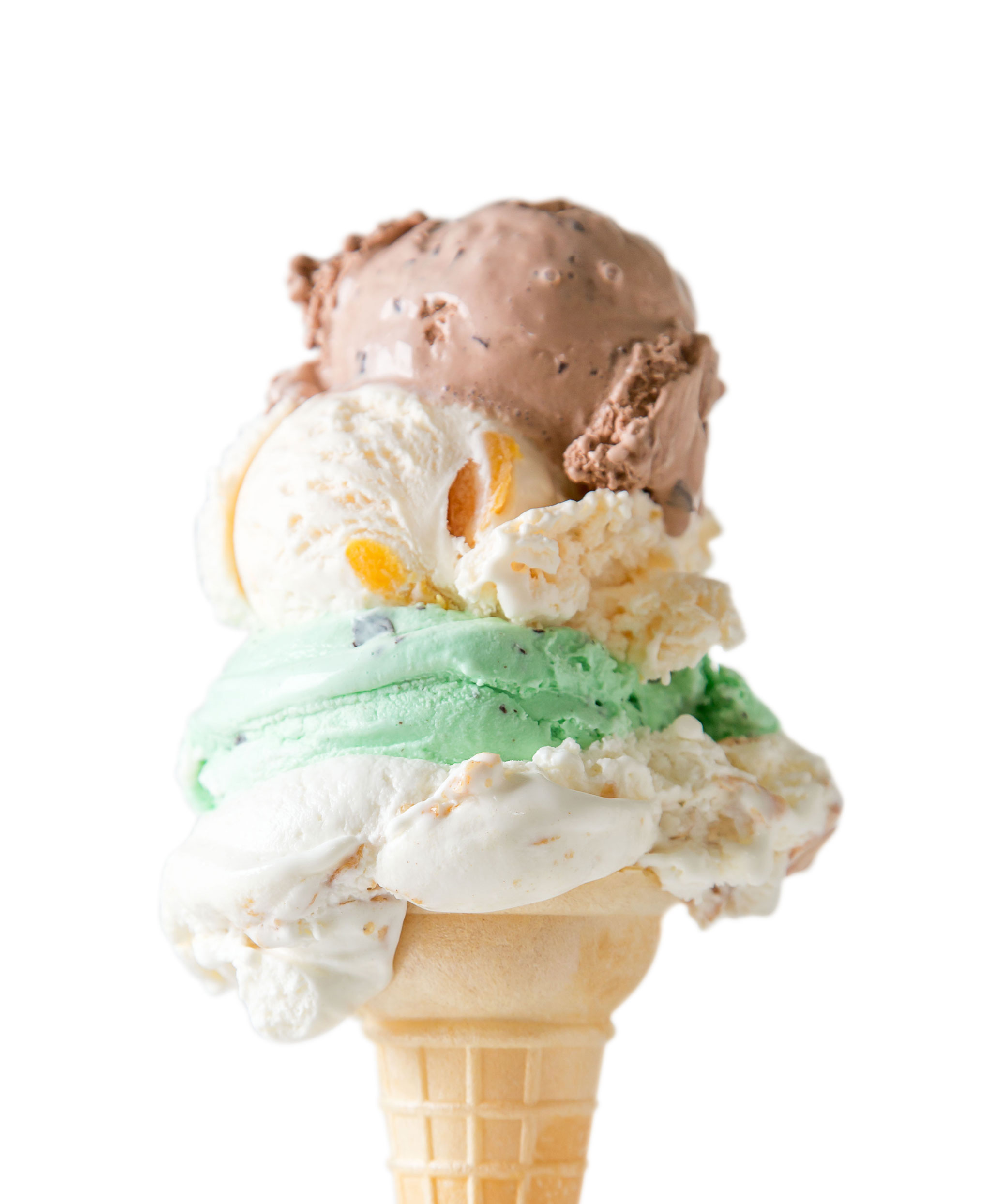 closeup of a Creamery ice cream cone with multiple flavors