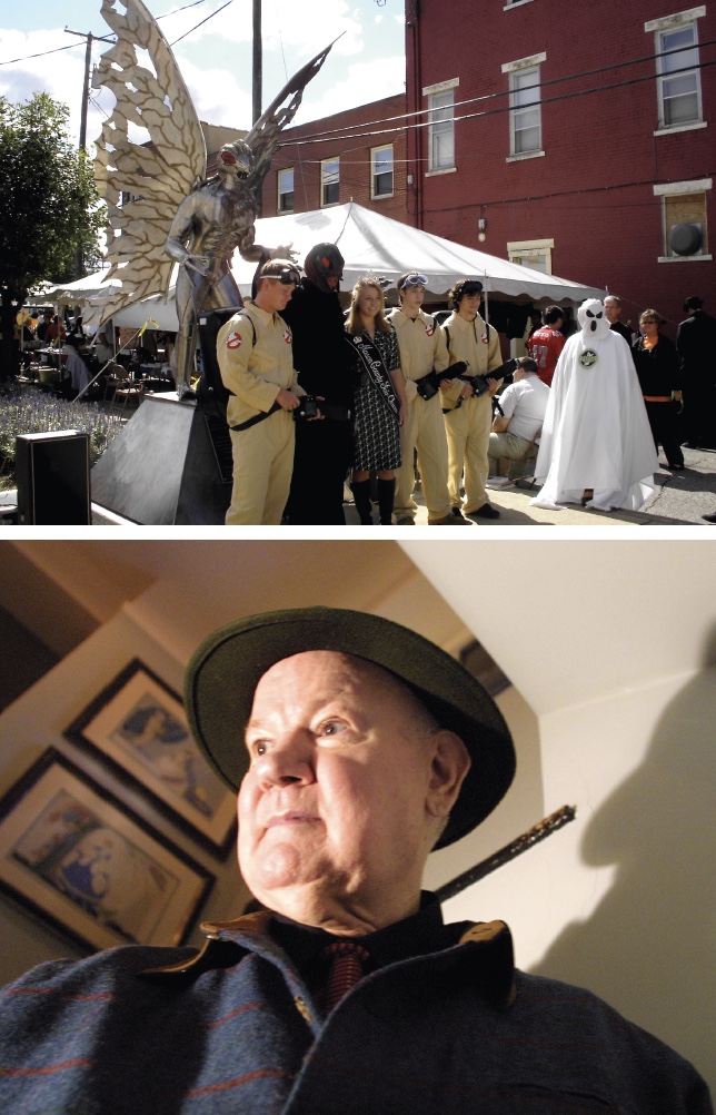 top photo of Mothman Festival in Point Pleasant, W. Va., courtesy Mothman Museum; bottom photo of John Keel by AP Images/Tina Fineberg