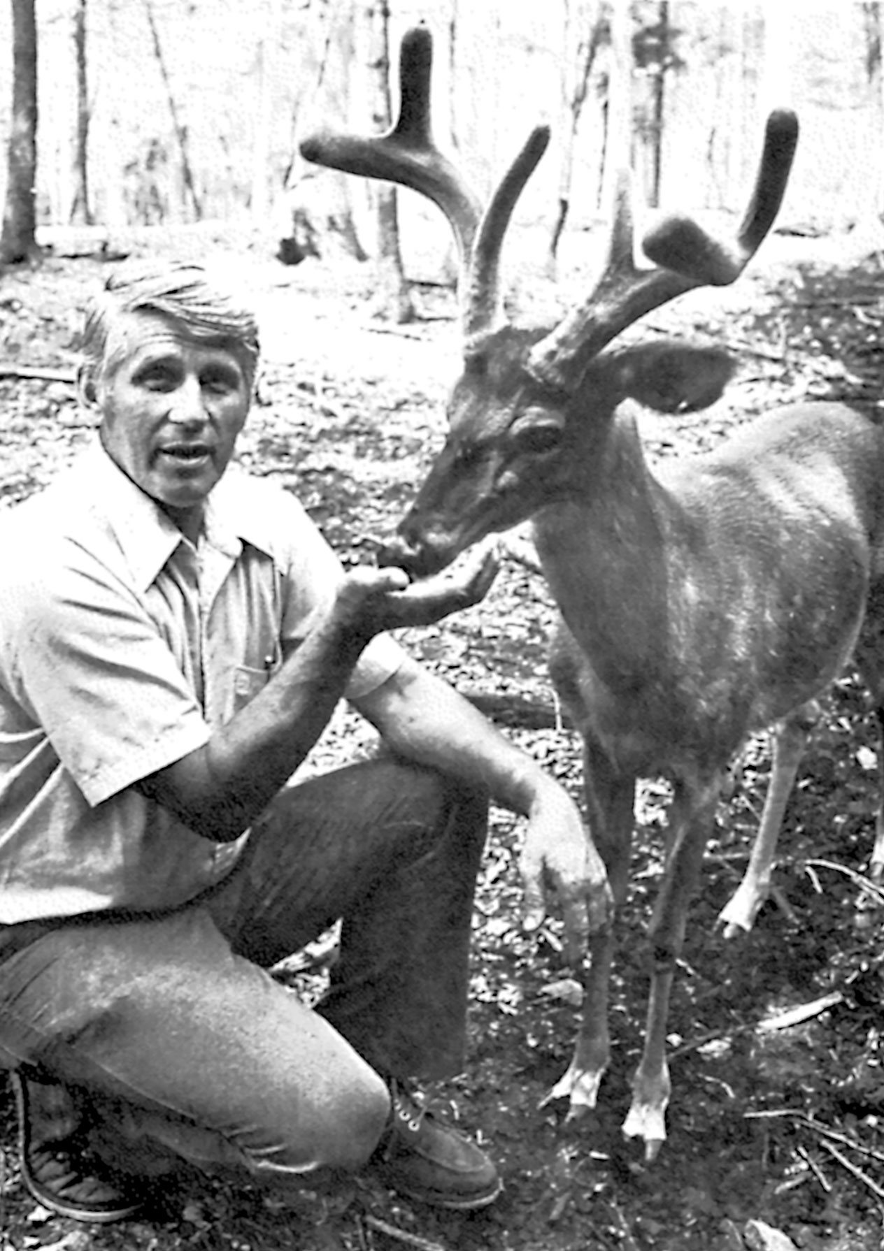 Mike Ondik kneeling beside a large buck, photo by Pat Little '77 Lib