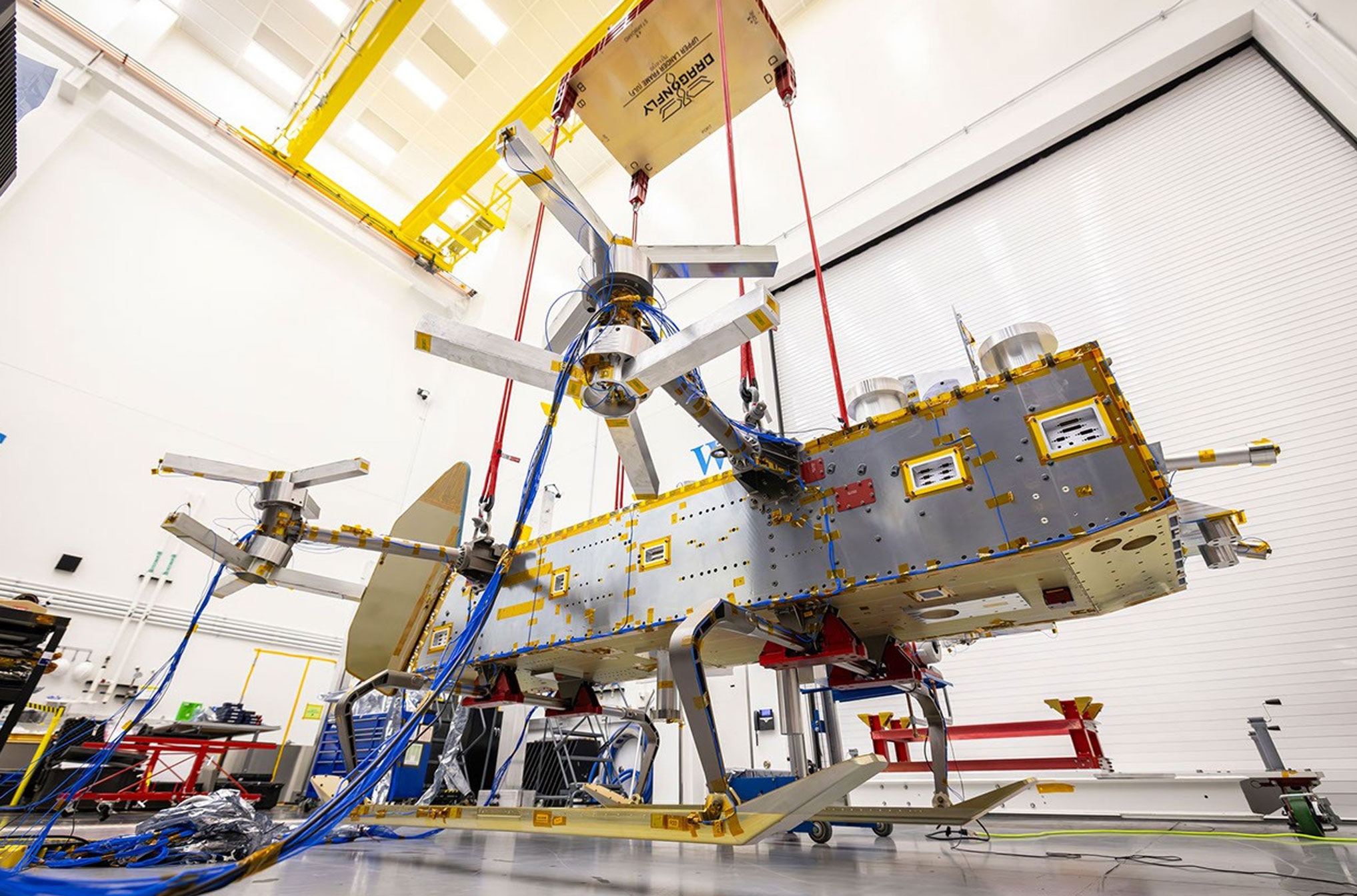photo of Dragonfly lander at APL's Environmental Test Facility, photo by NASA/Johns Hopkins APL/Ed Whitman